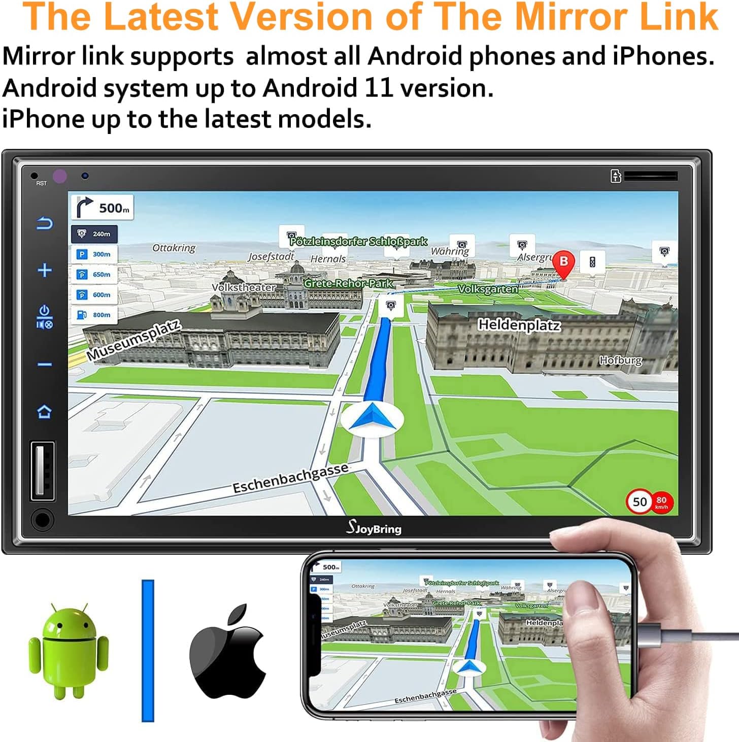 Car Stereo Compatible with Apple Carplay, Double Din 7" Full Touch HD Capacitive Screen - Mirror Link, Bluetooth, Backup Camera, Steering Wheel Controls, Subwoofer, USB/SD Port, AM/FM Car Radio
