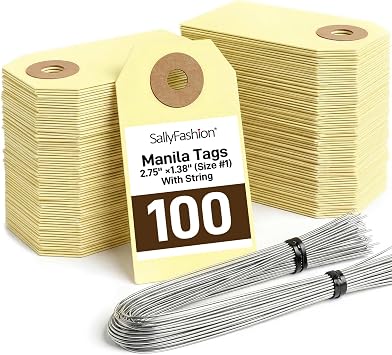 SallyFashion 100 Pack Manila Shipping Tags with Wire, 2 3/4" x 1 3/8" Heavy-Duty Inventory Tags with Reinforced Hole, Blank Paper Hang Labels for Retail, Garage Sale & Parts