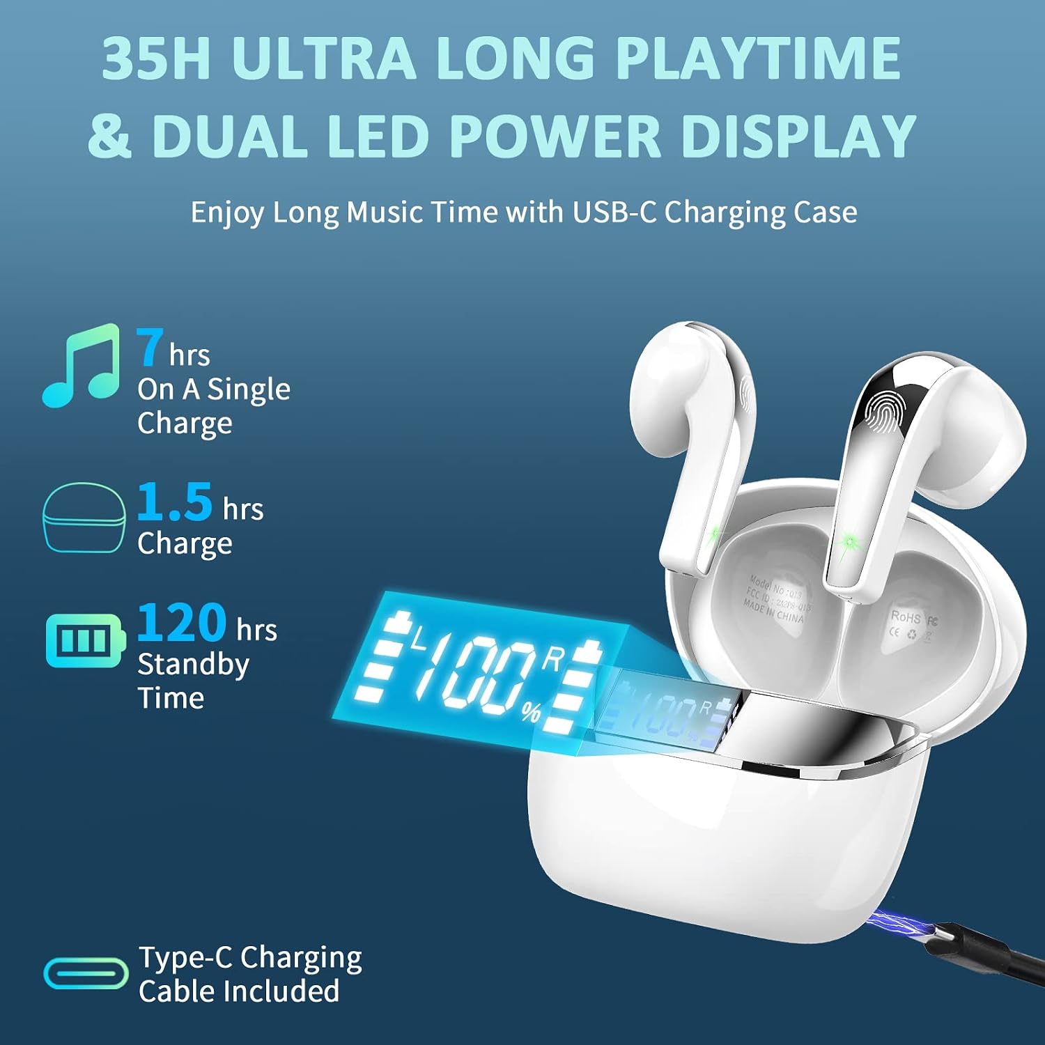 Wireless Earbud, Bluetooth 5.2 Headphones Deep Bass, Bluetooth Earbud Wireless Headphones Noise Cancelling Wireless Earphones in Ear with Mic, USB-C Mini LED Charging Case, IP7 Waterproof 35H Ear Buds