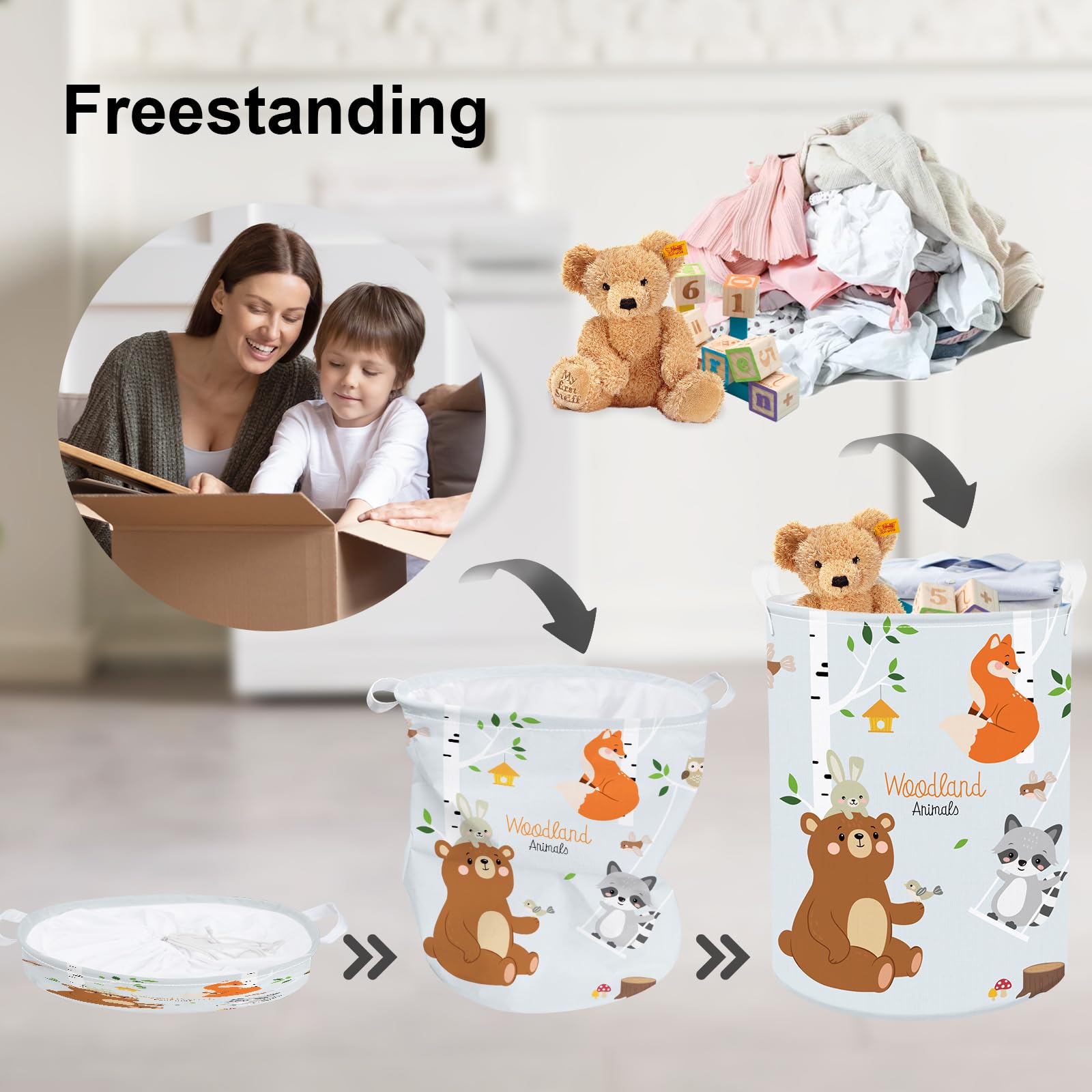Clastyle 45L Birkenwald Tiere Füchse Bär Waschbär Kinder Wäschekorb Blau Reh Rund Kleidung Spielzeug Aufbewahrungskorb für Kinderzimmer, 36x45 cm
