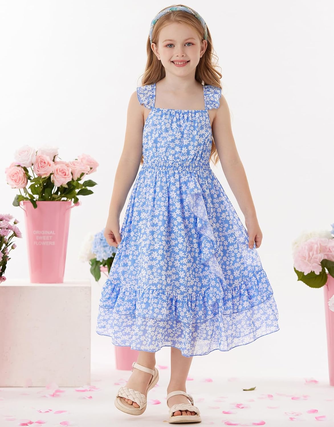GRACE KARIN Girls Floral Dress Summer Backless Chiffon Sleeveless Casual Boho Maxi Dresses 5-14Y Blue Floral 10 Years image 3 of 8 B0DPCDMWKT