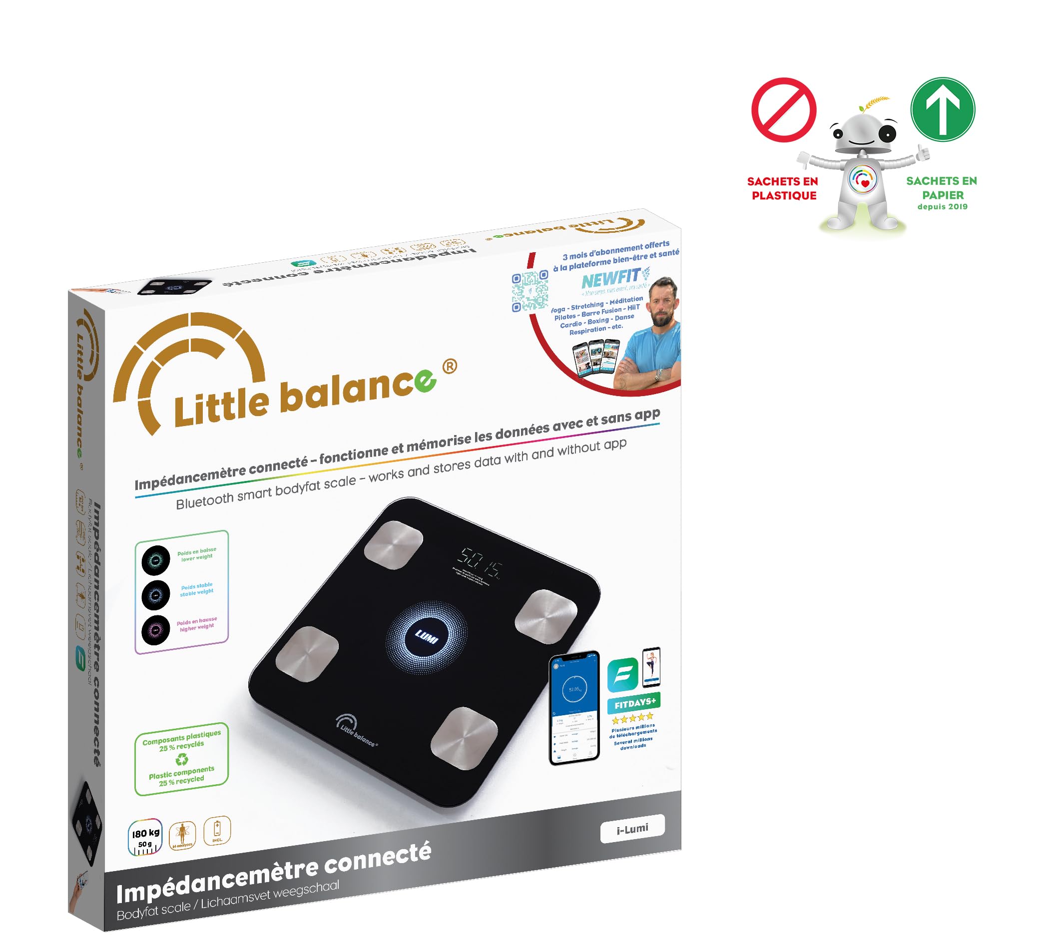 LITTLE BALANCE 8861 i-Lumi, Pèse-personne connecté, Balance Impédancemètre connectée, 14 données corporelles, 180 kg, Verre trempé, Noir