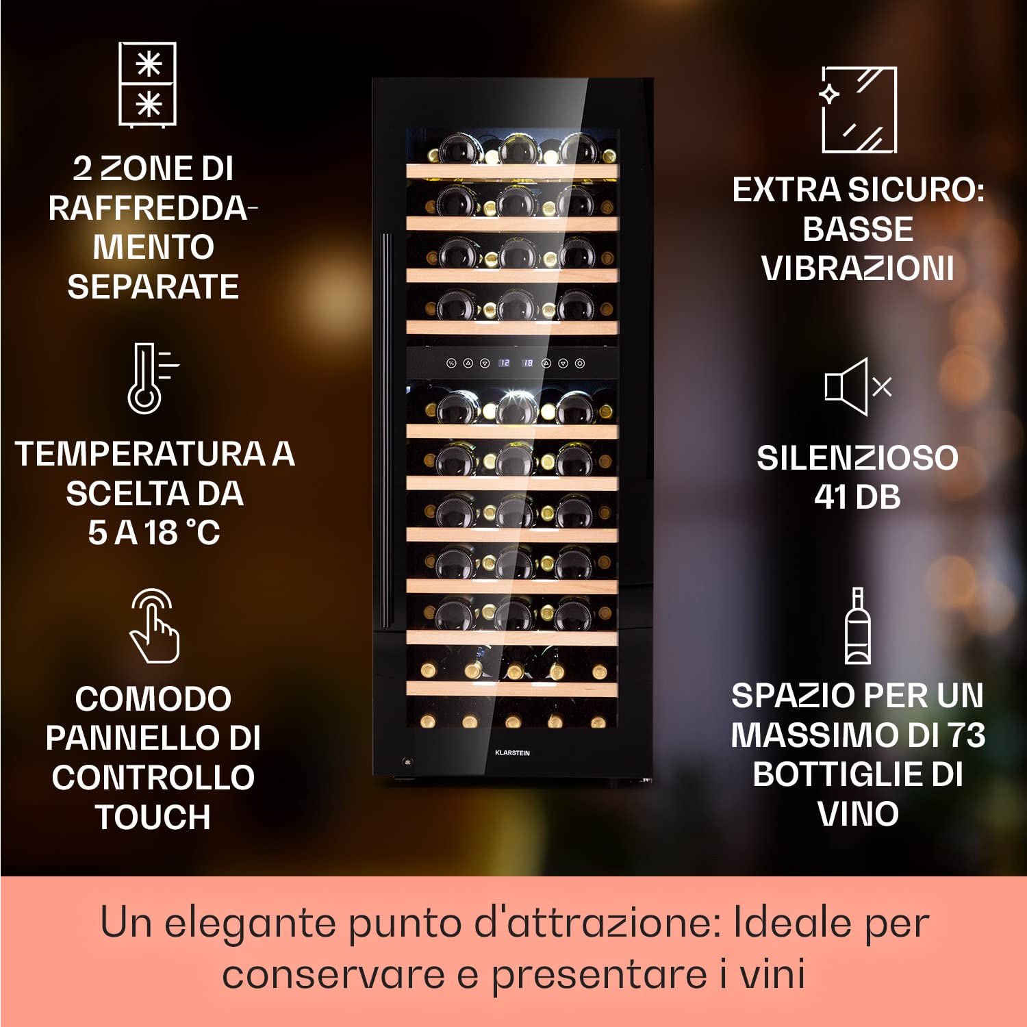 KLARSTEIN Cantinetta Vino, Cantinetta Vino Refrigerata a Zona Doppia per Interno/Esterni, Frigo Bar, Cantina Vino con Vetrina, Mini Bar con Protezione UV, Frigo Vino Touch, 5-18°C, 73 Bottiglie