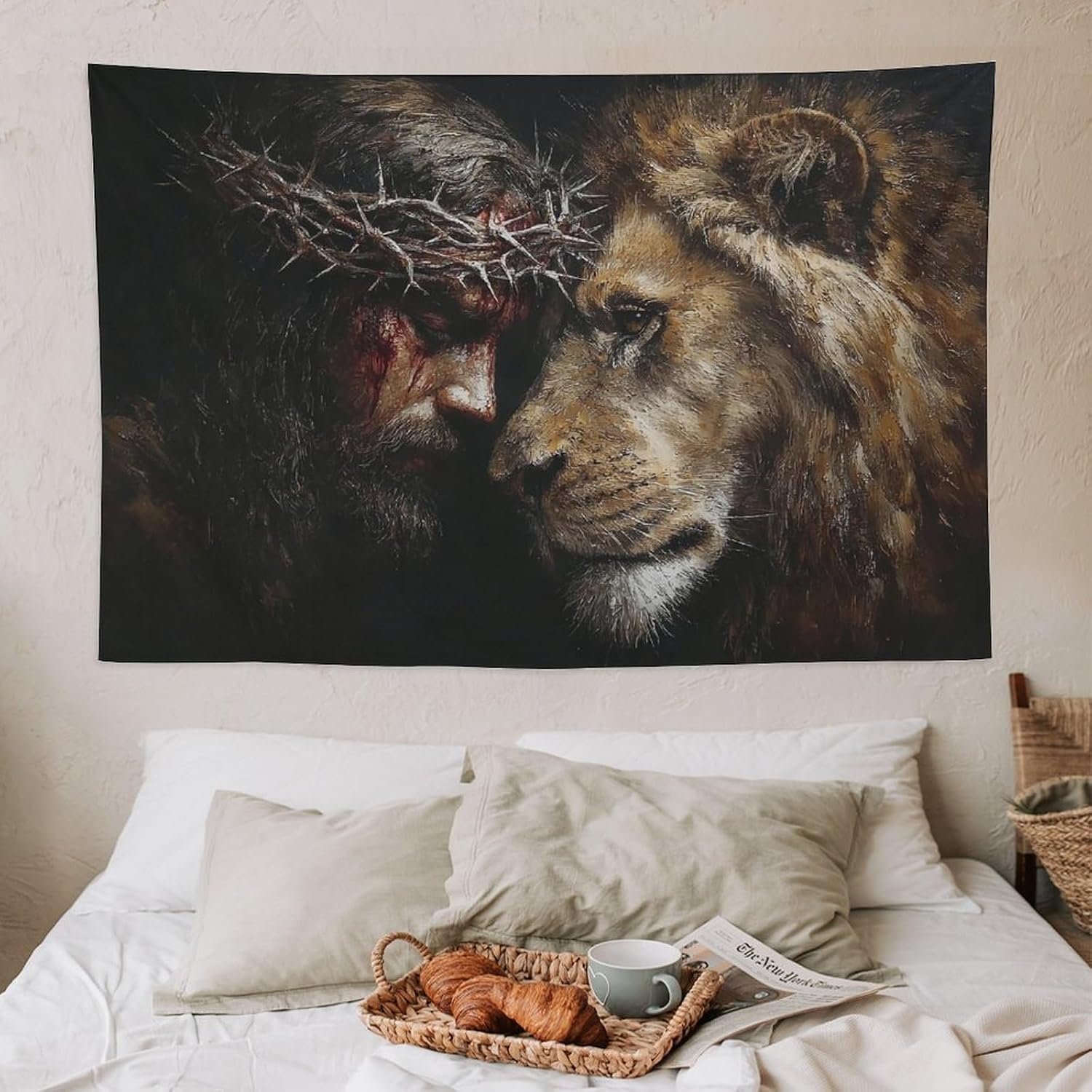 JYOUQOC Lion Jesus Thorns Crown Tapestry Large Wall Art Backdrop Flag Wall Hanging Decor for Living Room Bedroom Dorm Office 40"×60"