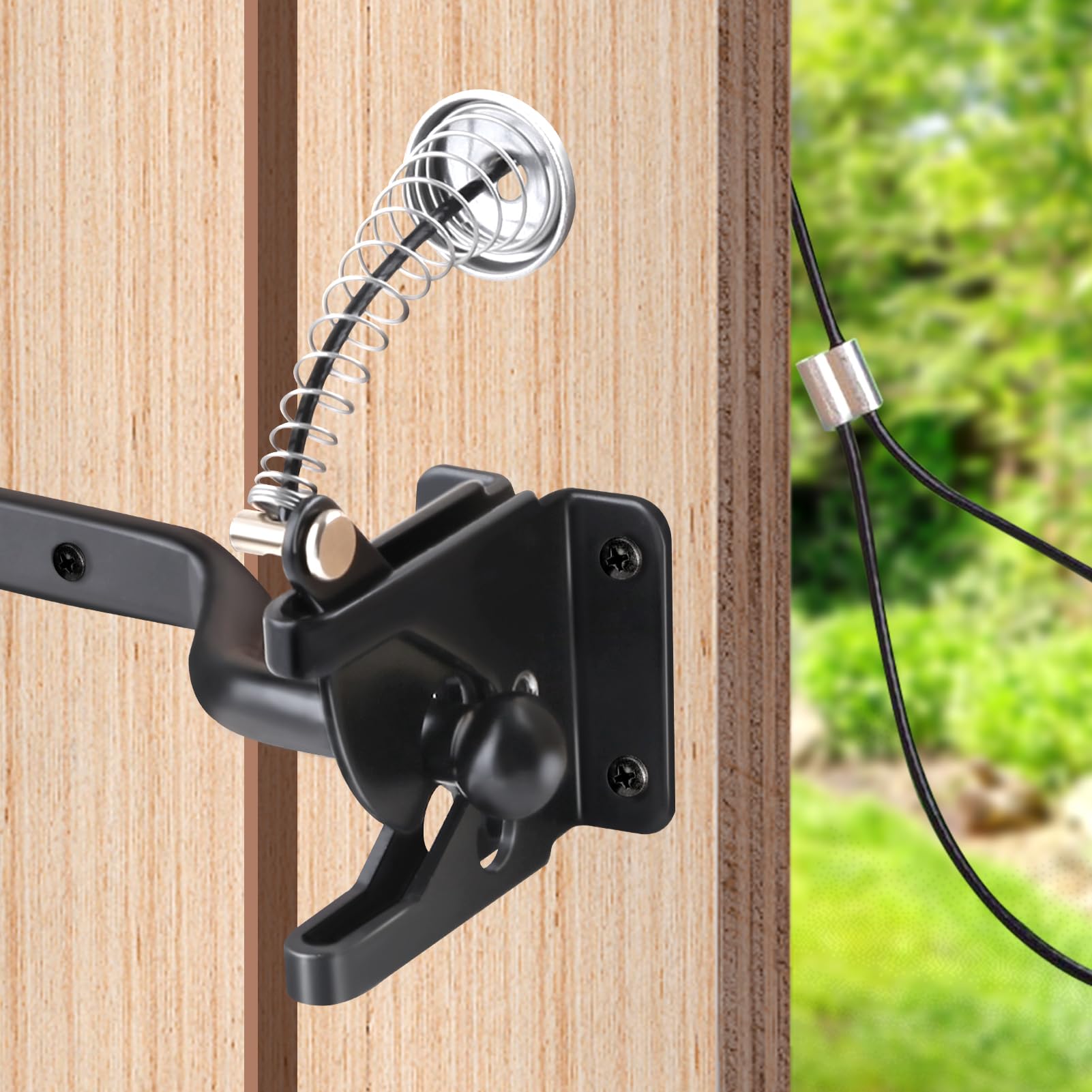 LEONTOOL Self-Locking Gate Latch with Spring Cable Pull for Wooden Fence Gate Heavy Duty Post Mount Automatic Gravity Door Latch Hardware for Secure Pool Outdoor Garden