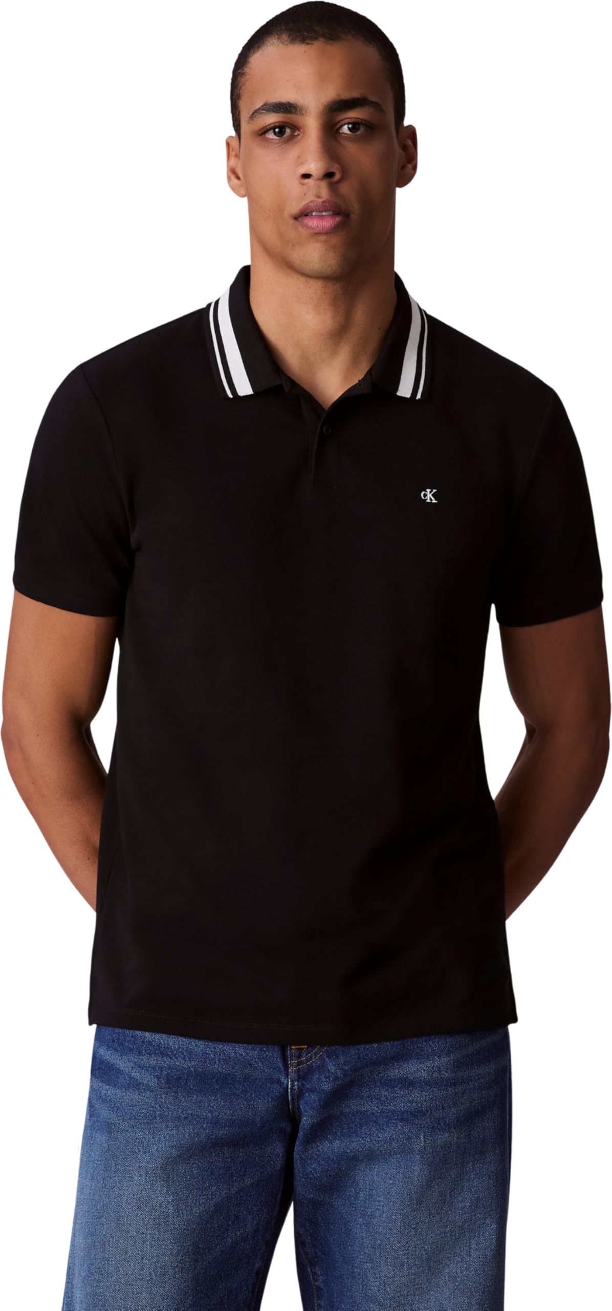 Calvin Klein Men’s Short Sleeve Monogram Pique Tipped Cotton Polo Shirt, Black (Black), 2XL