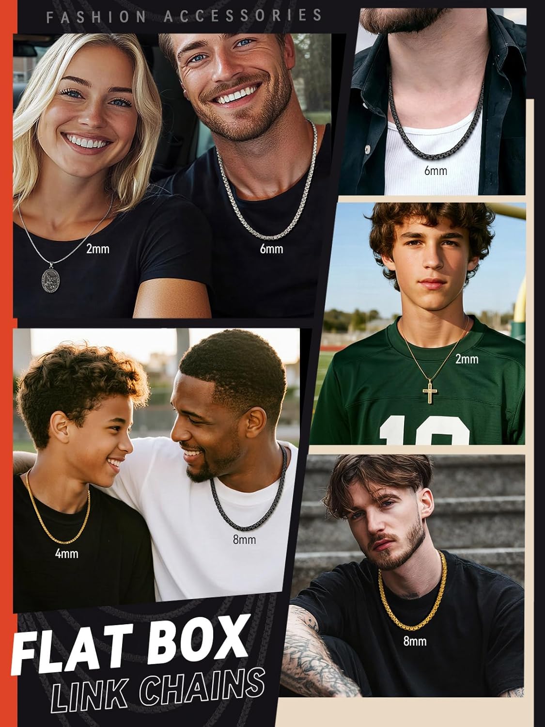 FaithHeart Mens Black/Silver/Gold Stainless Steel Flat Box Link Chain Necklace, Stylish 2/4/6/8mm Width Box Chains Necklaces for Men Non Tarnish Hip Hop Chain Jewelry Gifts,14"-30" Length - Image 3