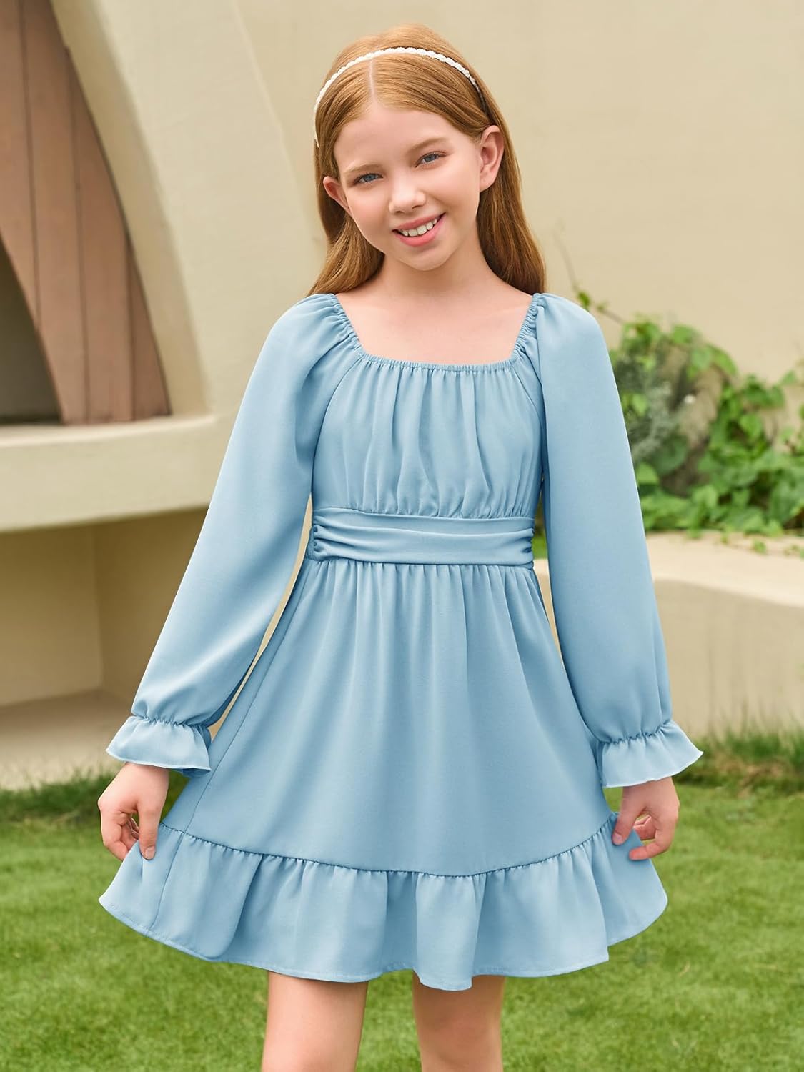 Haloumoning Girls Long Sleeve Dress Kids Square Neck Tie Backless Ruffle A-Line Mini Dresses 5-14 Years - Image 2