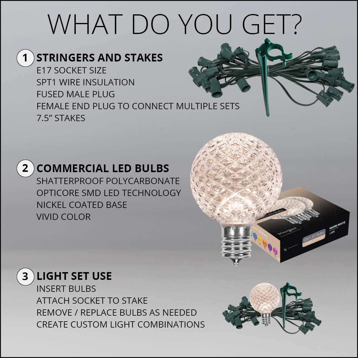 Wintergreen Lighting 25’ OptiCore LED Pathway Lights Set, Warm White G50 Shatterproof Bulbs, Landscape Lights, 7.5” Stakes