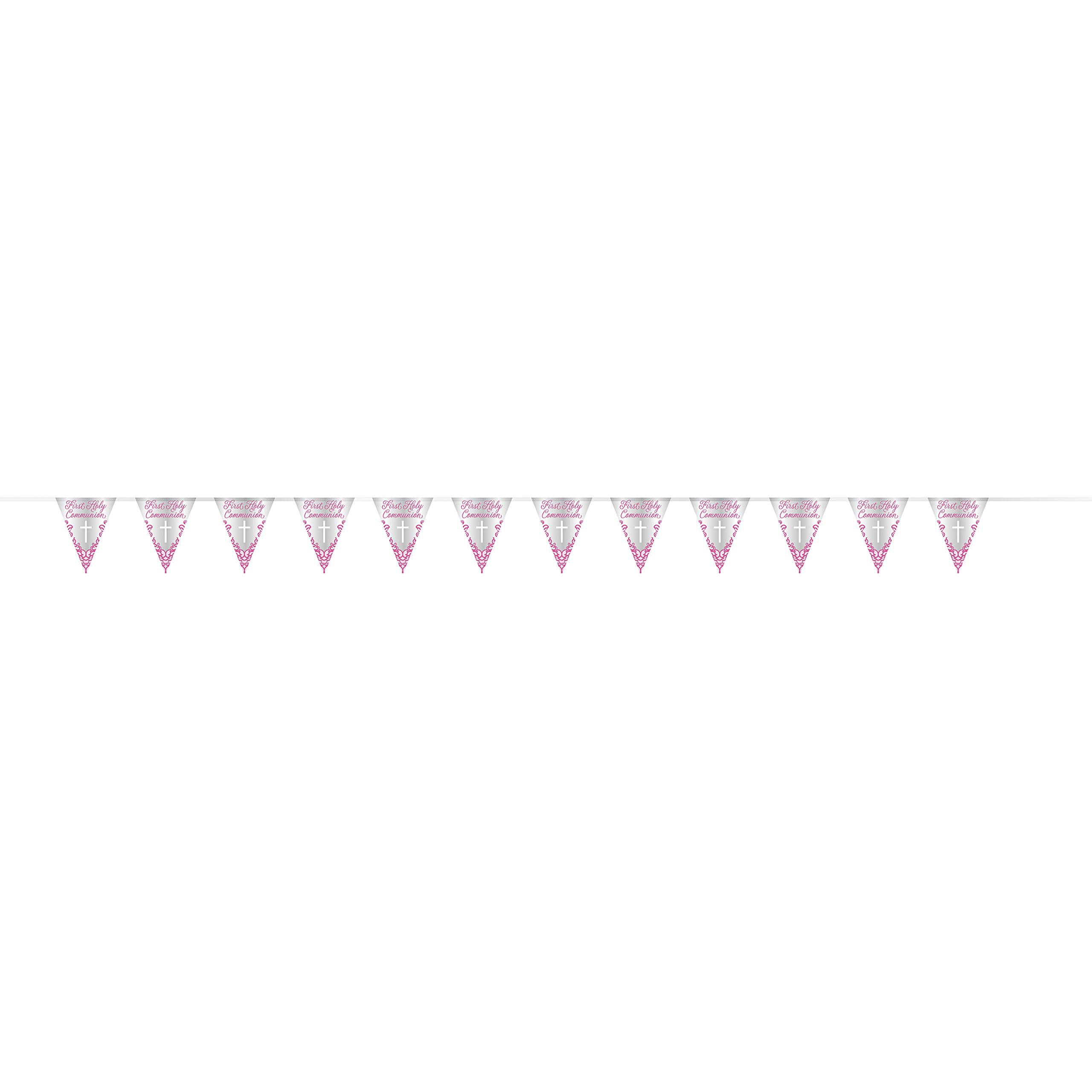 Fancy Pink Cross First Holy Communion Foil Flag Banner (274cm) - Elegant Religious Celebration Décor - Perfect for Girl's Cherished Milestone - 1 Pc