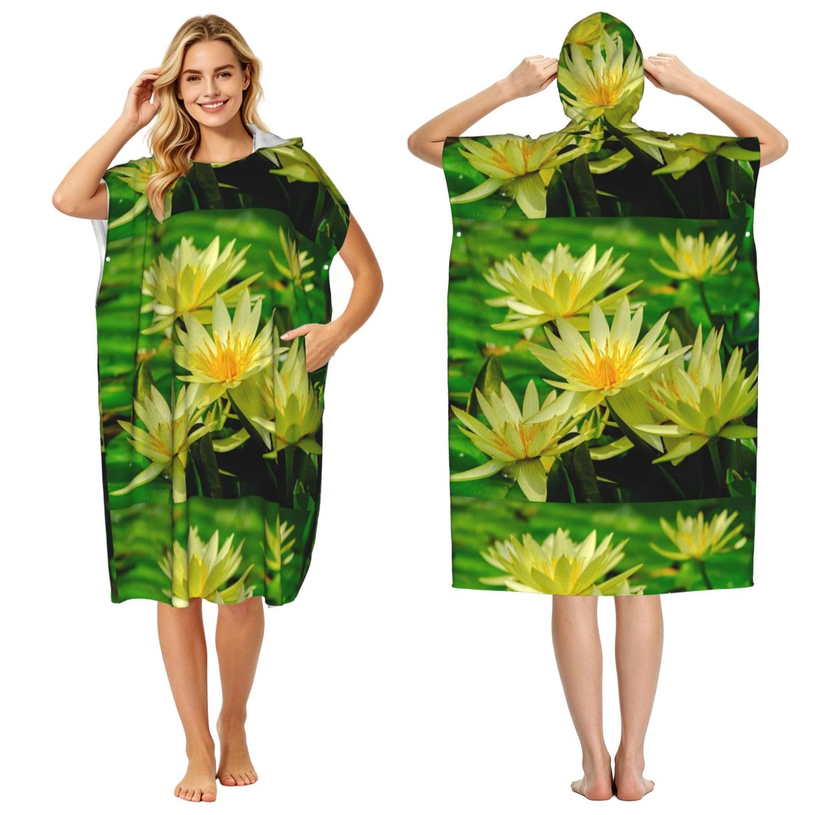Poadnly Water Lily, Adult Hooded Beach Towel 90 x 110 cm,Changing Bath Robe, Surf Poncho Towel For Women Men