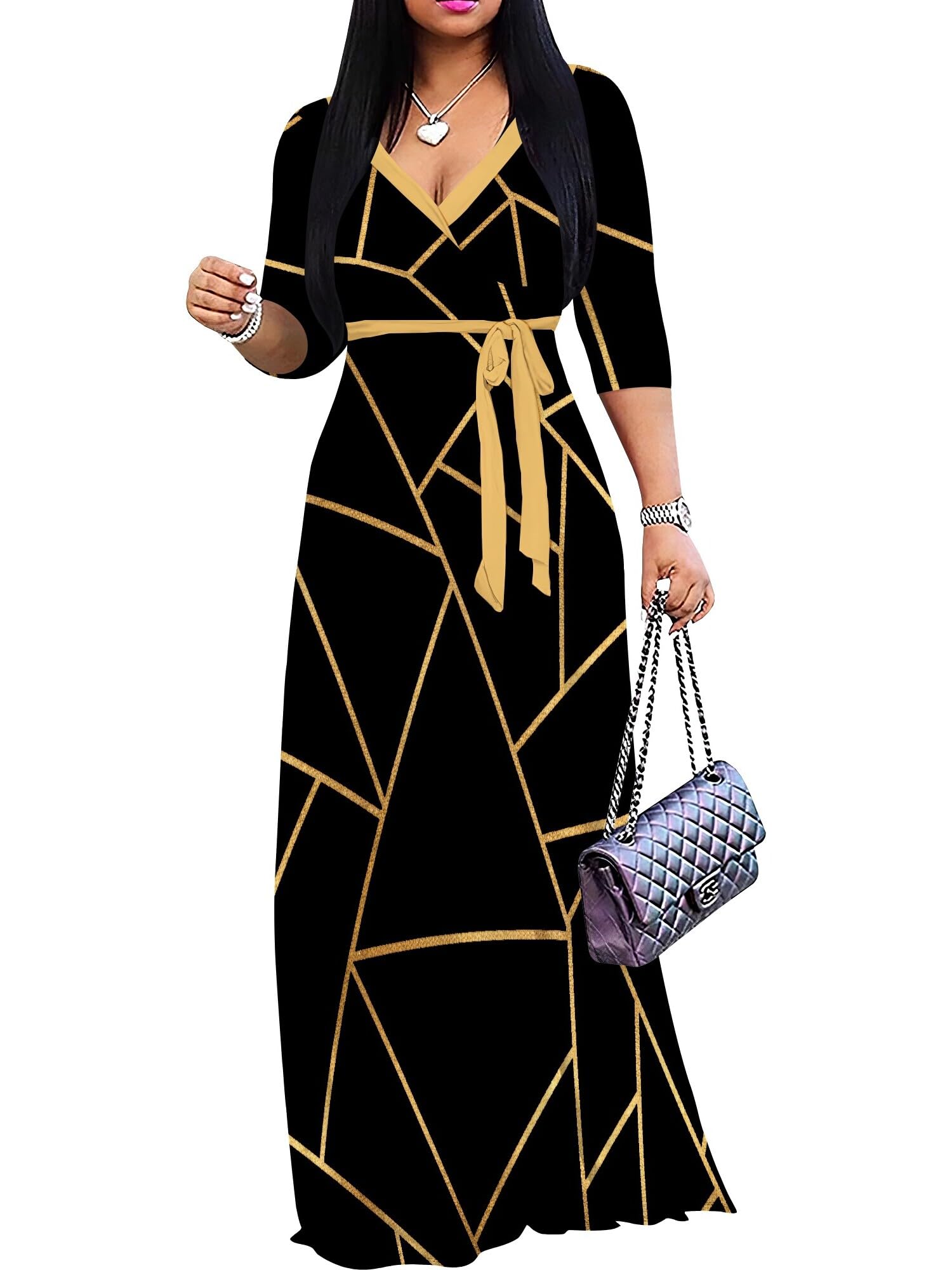 Plus Size Maxi Dresses for Women Casual Flowy Long Dress 3/4 Sleeve V Neck Wrap Dress with Belt
