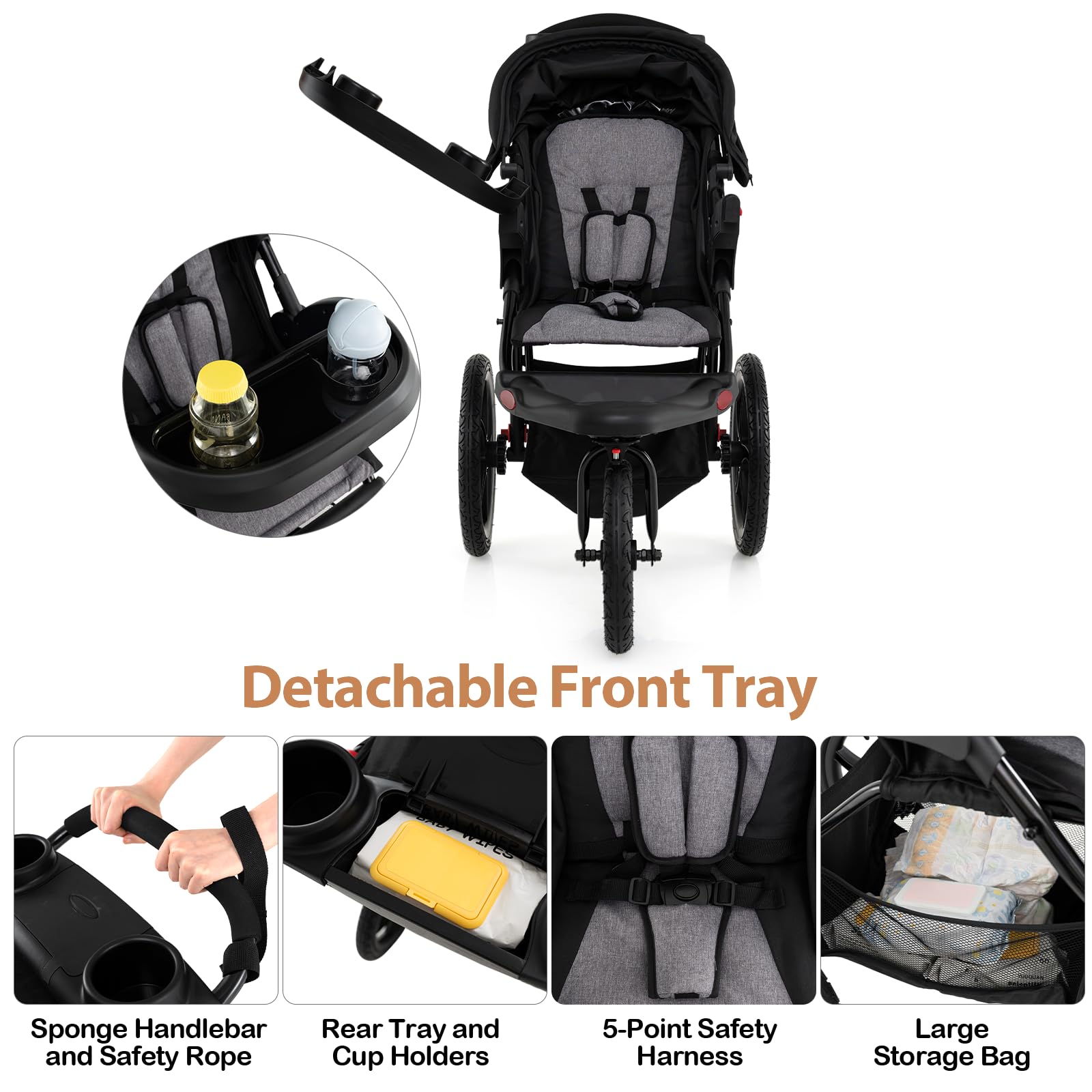 LIFEZEAL Kinderwagen klappbar, Kinderbuggy mit 3 Rädern, verstellbarem Sonnenschutz & 5-Punkt-Gurt, Buggy mit abnehmbarem Tablett & Getränkehalter, bis 22 kg, Schwarz