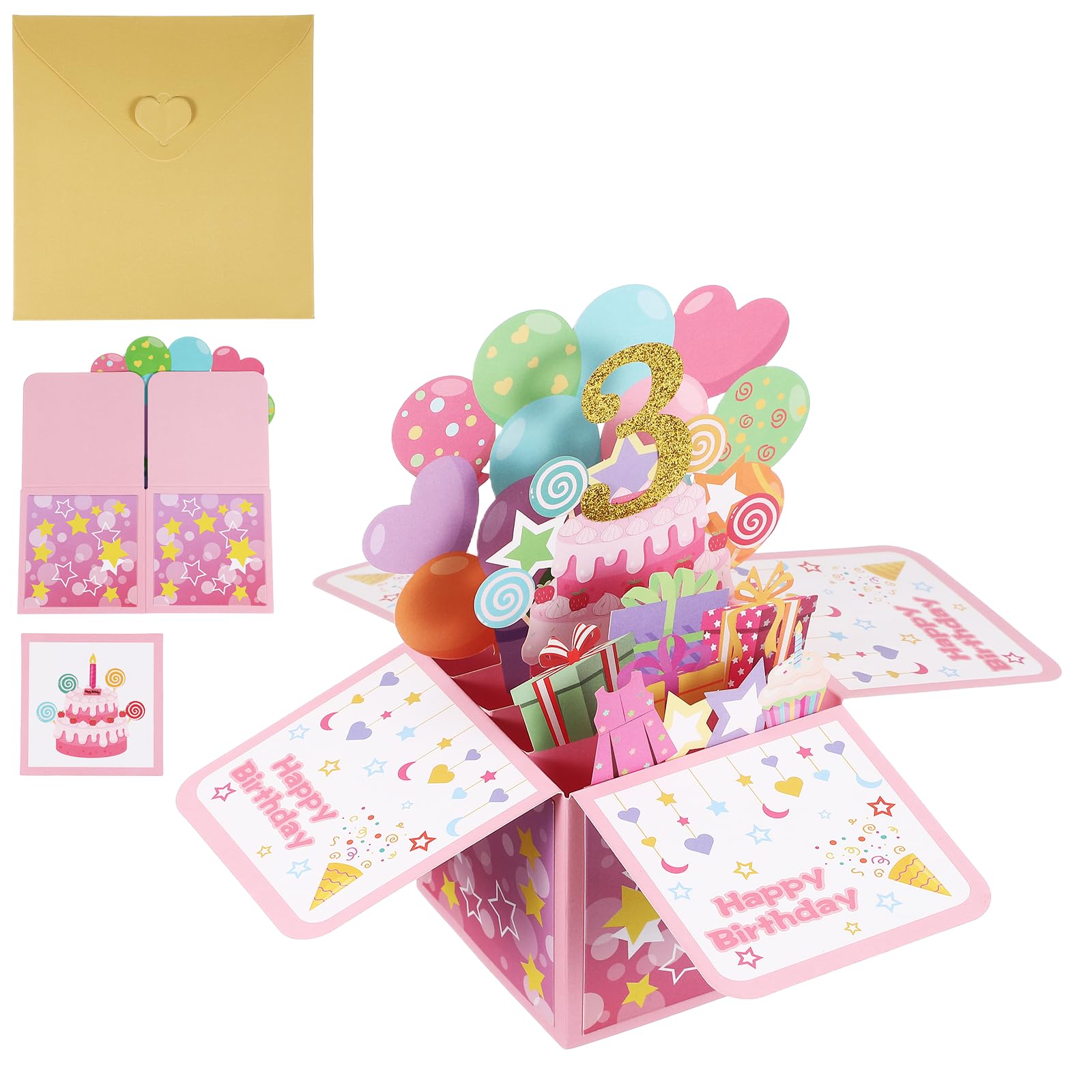 YOKIVE 3th Birthday Card, 3 Years Old Funny Birthday Card Happy Sweet with Greeting Card and Envelope 3D Open for Men Woman Gift Friends Party, Style 1 & Gold Pink