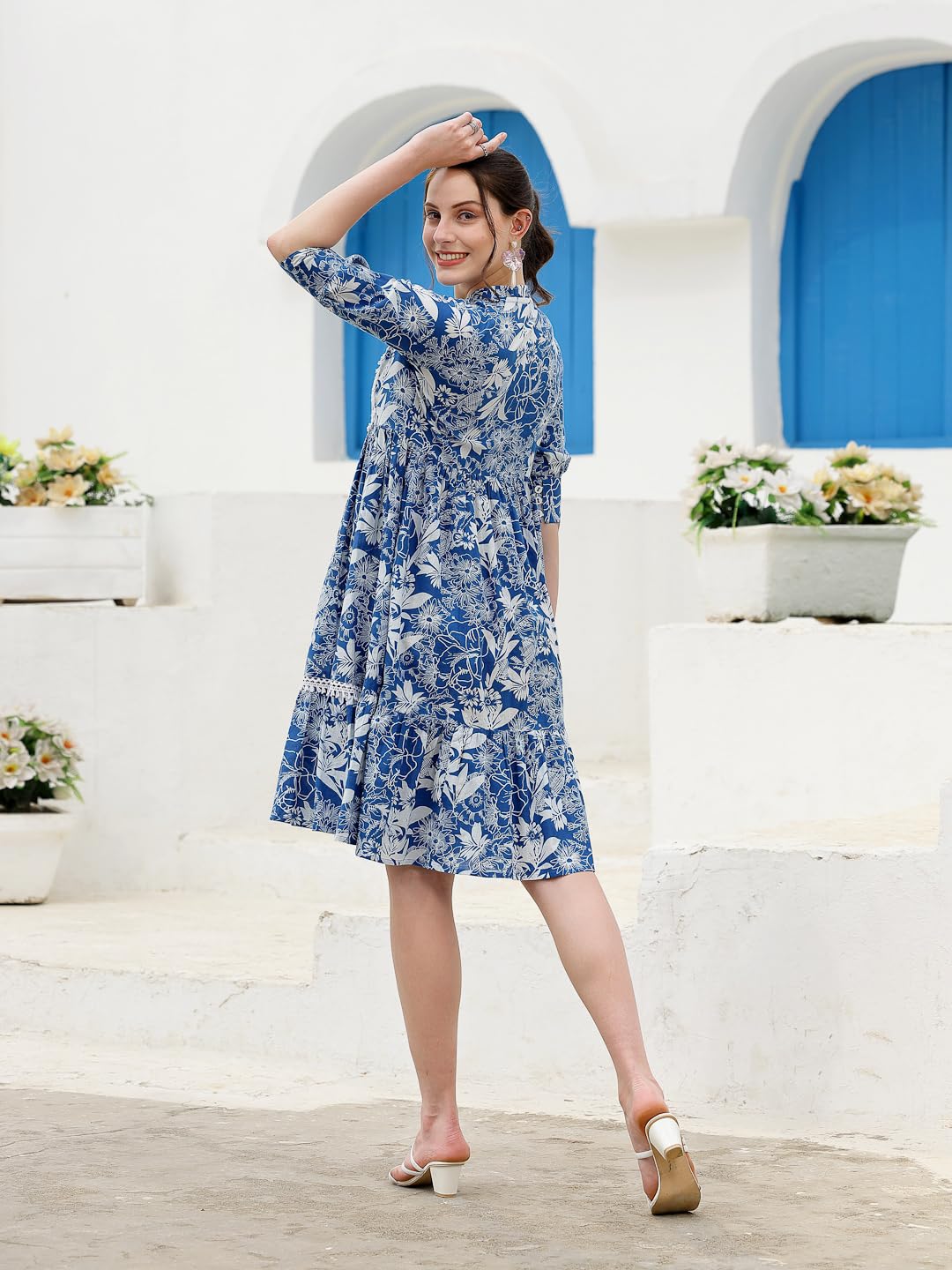 Stylum Women's Tropical Printed Cotton A-Line Dress (Drsocean36_Blue, S)