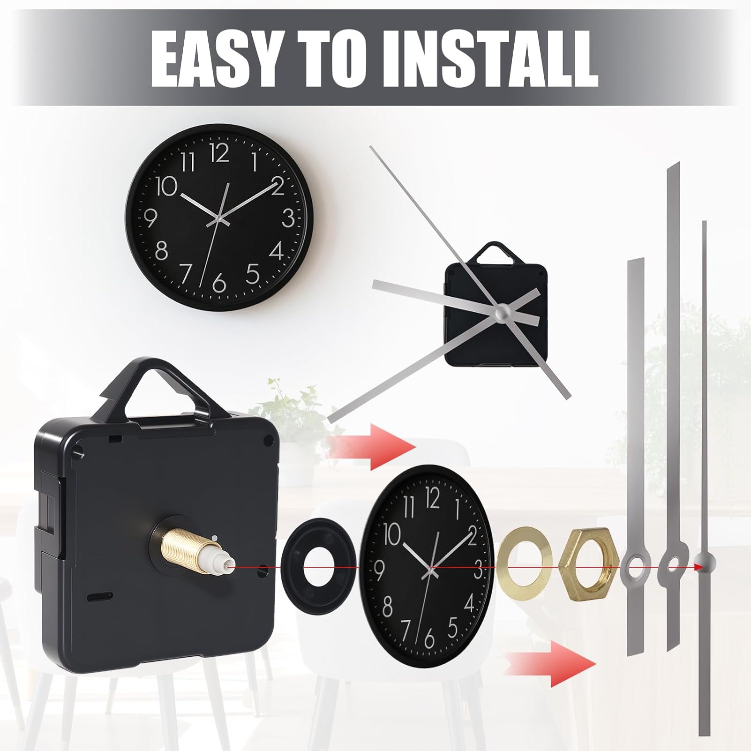 Silent Quartz Clock Mechanism Kit, High Torque Long Shaft Replacement Clock Movement for DIY Wall Clocks, Includes Clocks Hands and Quartz Movement Parts for Home and Office, Silver
