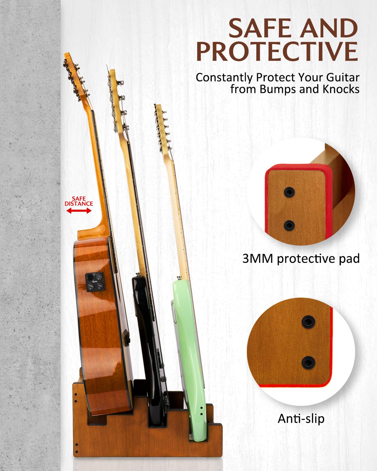 STRICH Gitarrenständer aus Holz für mehrere Gitarren, 3-fach Halter, platzsparender Bodenständer mit Frontpräsentation, Mahagoni-Farbe, L-2E1AM (für 2 E-Gitarren + 1 Akustikgitarre)