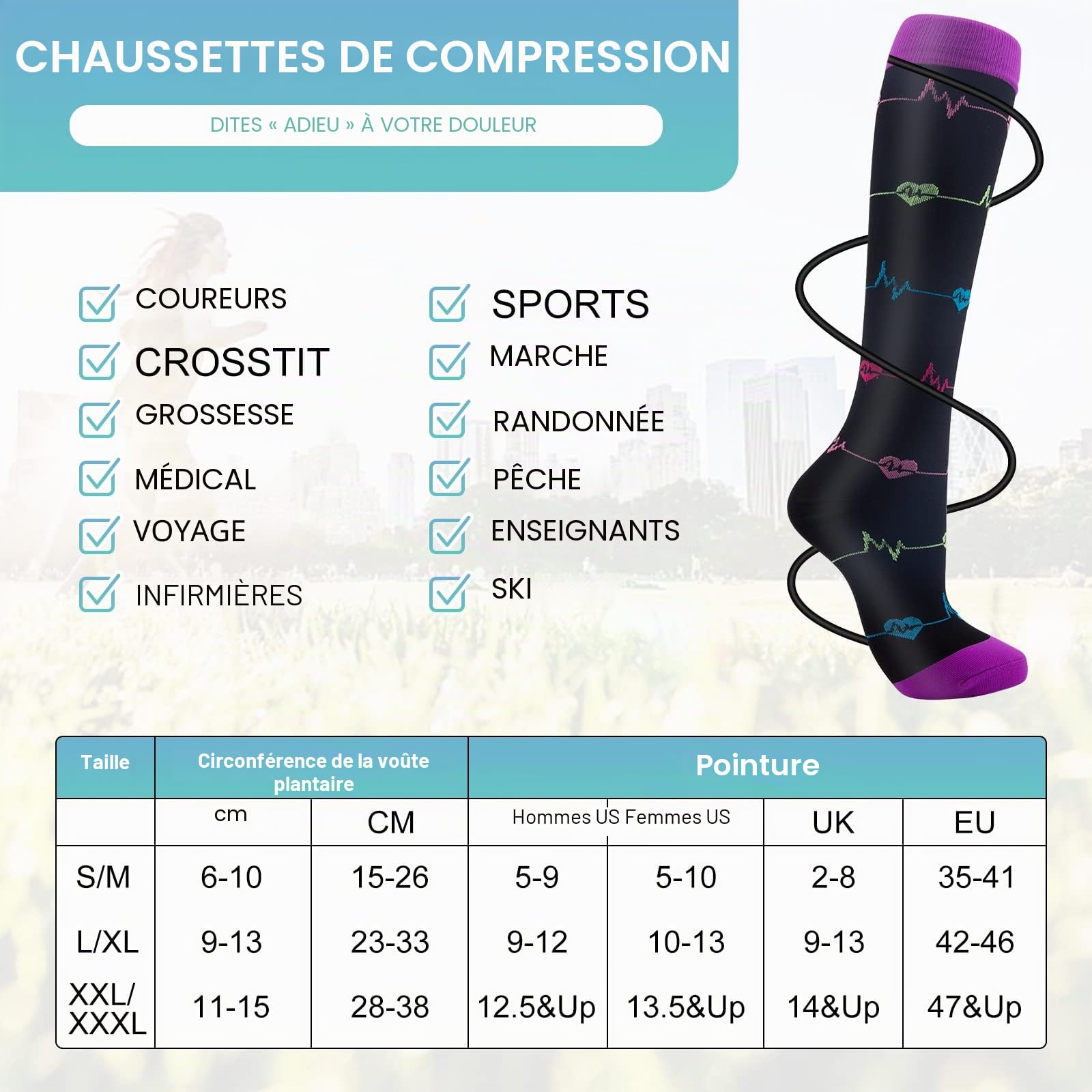 Chaussettes de Compression, (2/4/6/7 paires) pour Hommes et Femmes 15-20 mmHg, idéales pour L'athlétisme, la Course, les voyages en avion, le Soutien
