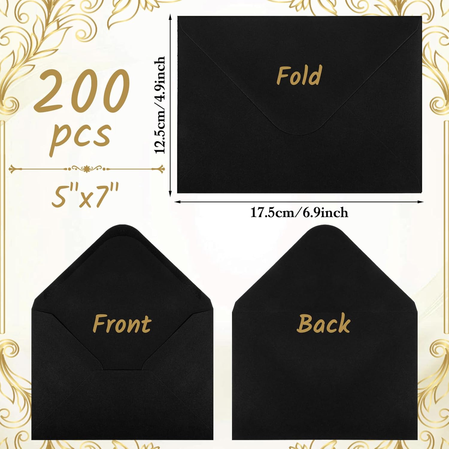 200 Pack 5x7 Inch Black Envelopes for Invitations, Self Adhesive Envelopes with V-Flap, Great for Graduation, Invitation, Baby Shower, Wedding and RSVP Cards
