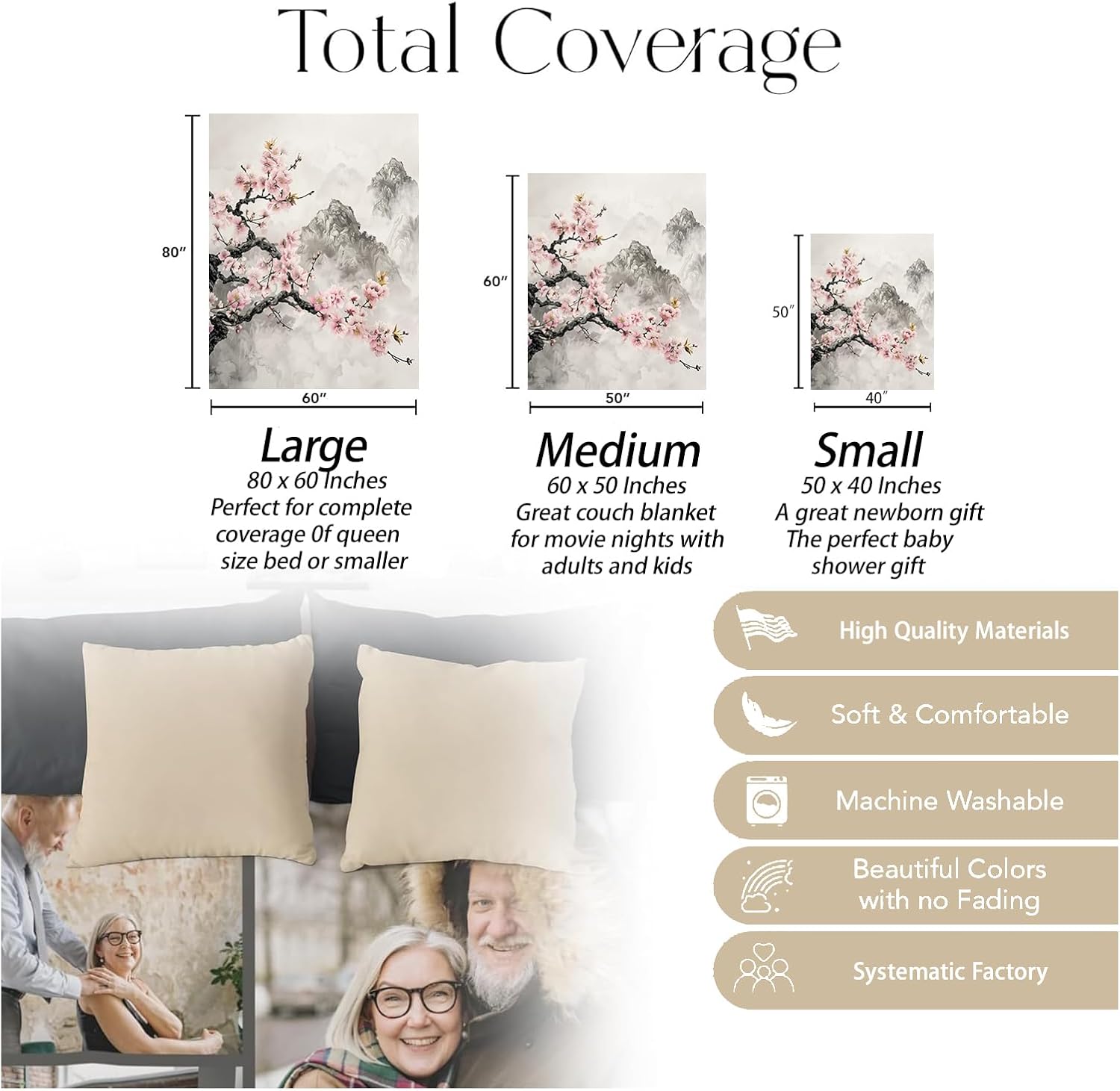 Cherry Blossom Blanket, Soft Warm Cozy Elegant Ink-Style Art Throw Blanket Gifts for Adults Kids Women, Lightweight Fuzzy Comfy Flannel Blankets for Couch, Travel, Bed, House Decor 80×60 Inch