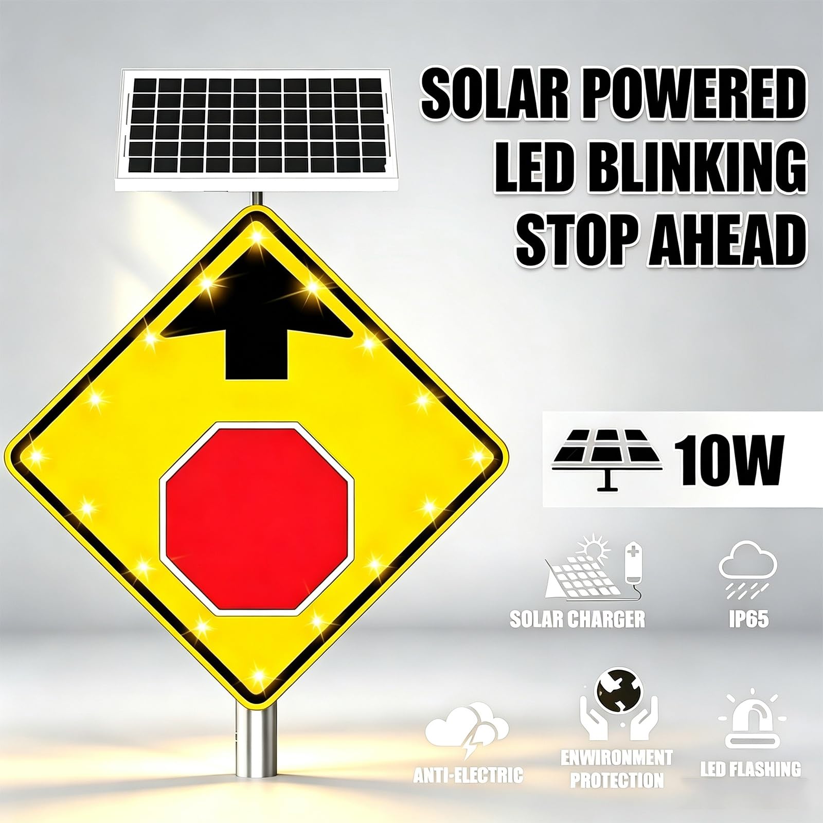 Señal De Advertencia Solar LED Intermitente "Pare Más Adelante" De 24/30 Pulgadas; Aluminio Reflectante (norma W3-1); Resistente Al Agua (IP65) Y A La Corrosión; Uso En Exteriores.(24in)