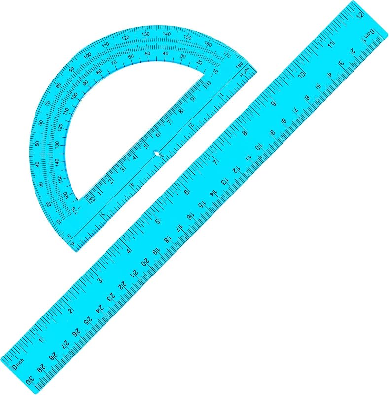 Zonon 2 Pcs 12 Inch Clear Ruler and 6 Inch Plastic Protractor Set, Blue | Dual Scale Inch/Cm, Math Geometry Measuring Tools, Back to School Classroom Office Supplies, Students Teachers Drafting Use