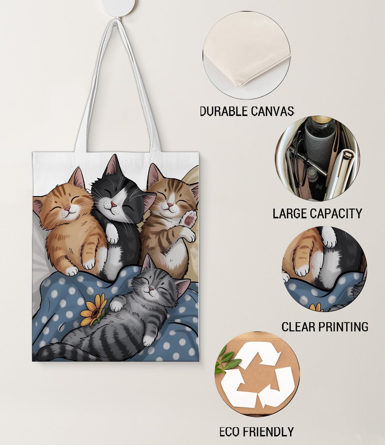 Cute Cat Canvas Tote Bag for Women, Aesthetic Reusable Shoulder Bag for Shopping Travel Work - Image 3