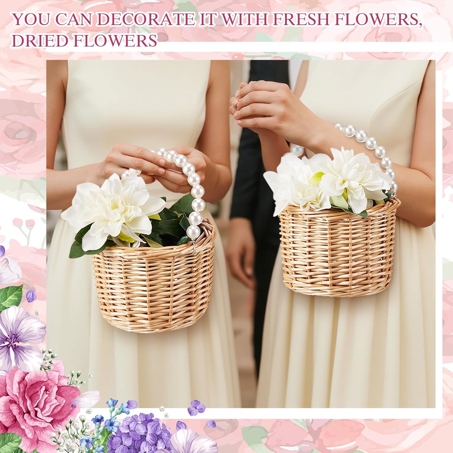 Soaoo Set of 4 Wicker Rattan Flower Girl Basket, Pearl Handle Flower Basket, Rose Petals Easter Eggs Candy Storage for Rustic Wedding and Home Decorations (Without Ribbon Bow)