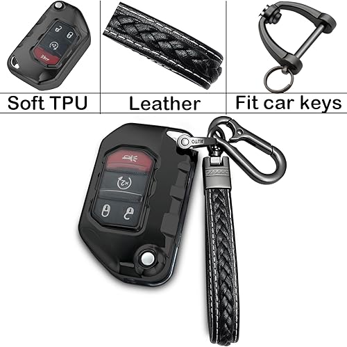 Miniatura 6 de Funda para llavero Jeep con llavero de metalcuero, funda de llave de TPU, compatible con llave inteligente remota Wrangler JL JLU Gladiator JT