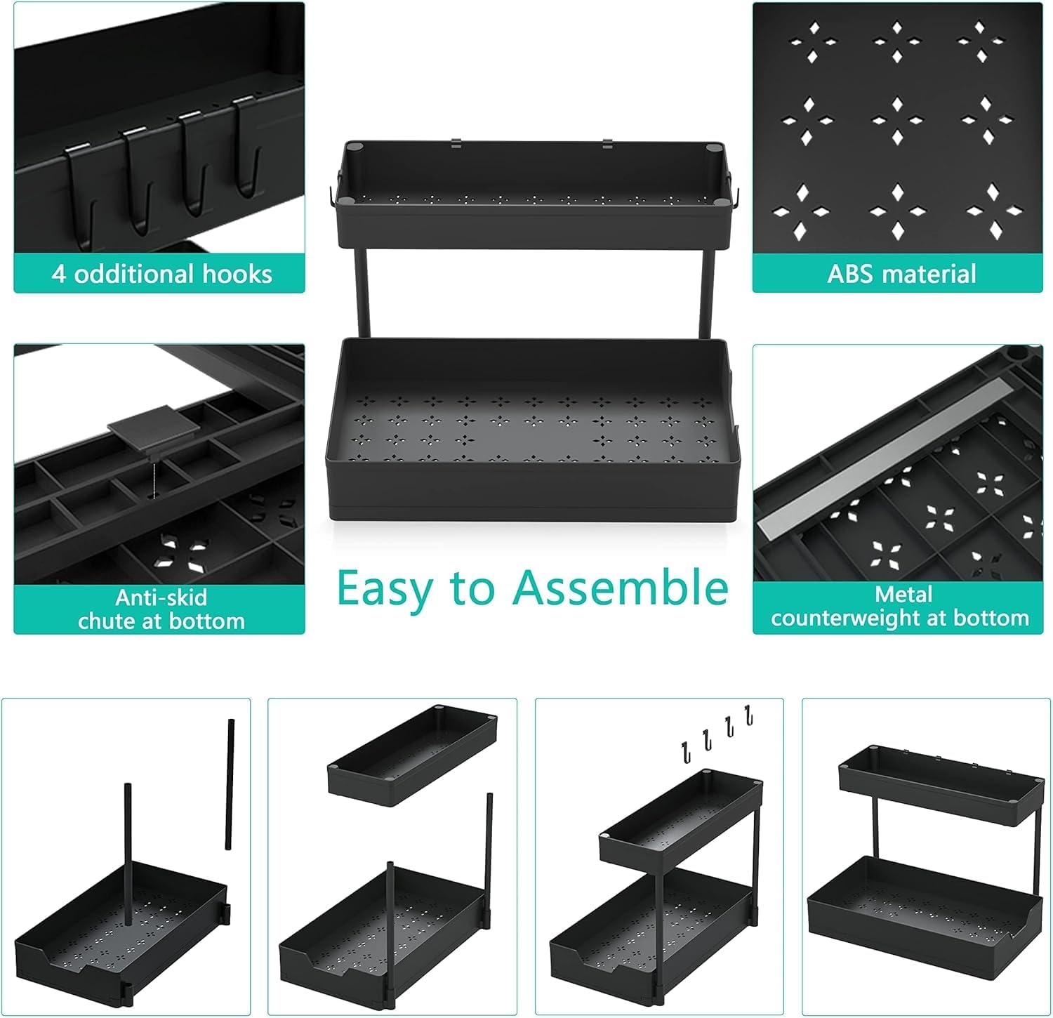 Under Sink Organizer, 2 Packs 2 Tier Under Sink Organizers and Storage, Slide out Pull out Cabinet Organizer Shelf, Metal Sliding Drawer for Kitchen Bathroom Pantry Cabinet Closet Organization Rack