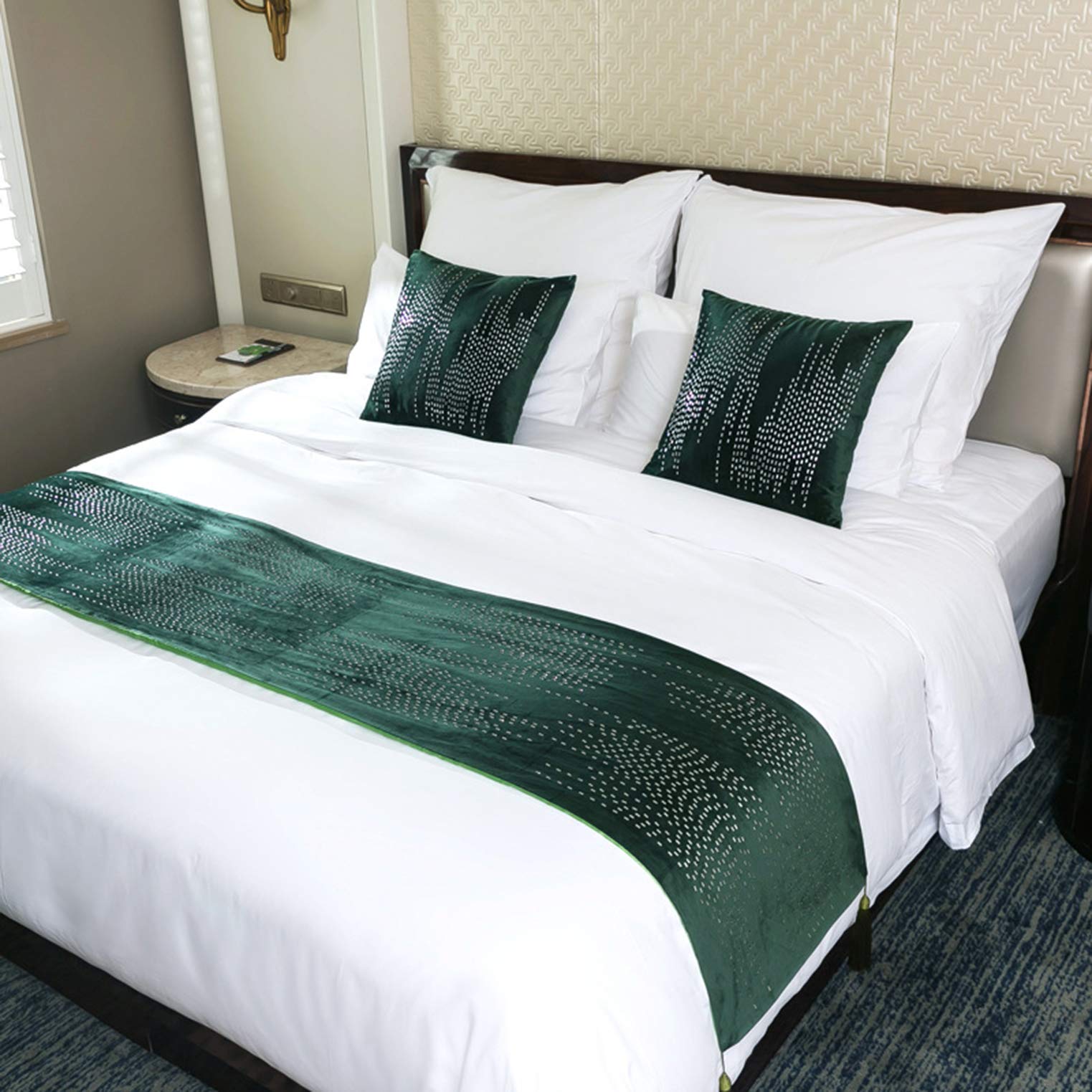 BAMCQ Velvet Bed Runner with Tassel, Rhinestones Bedding Bedspread Throw, Bed Scarf Protection Decoration for Bedroom,Green-45X210cm(for 1.8m bed)