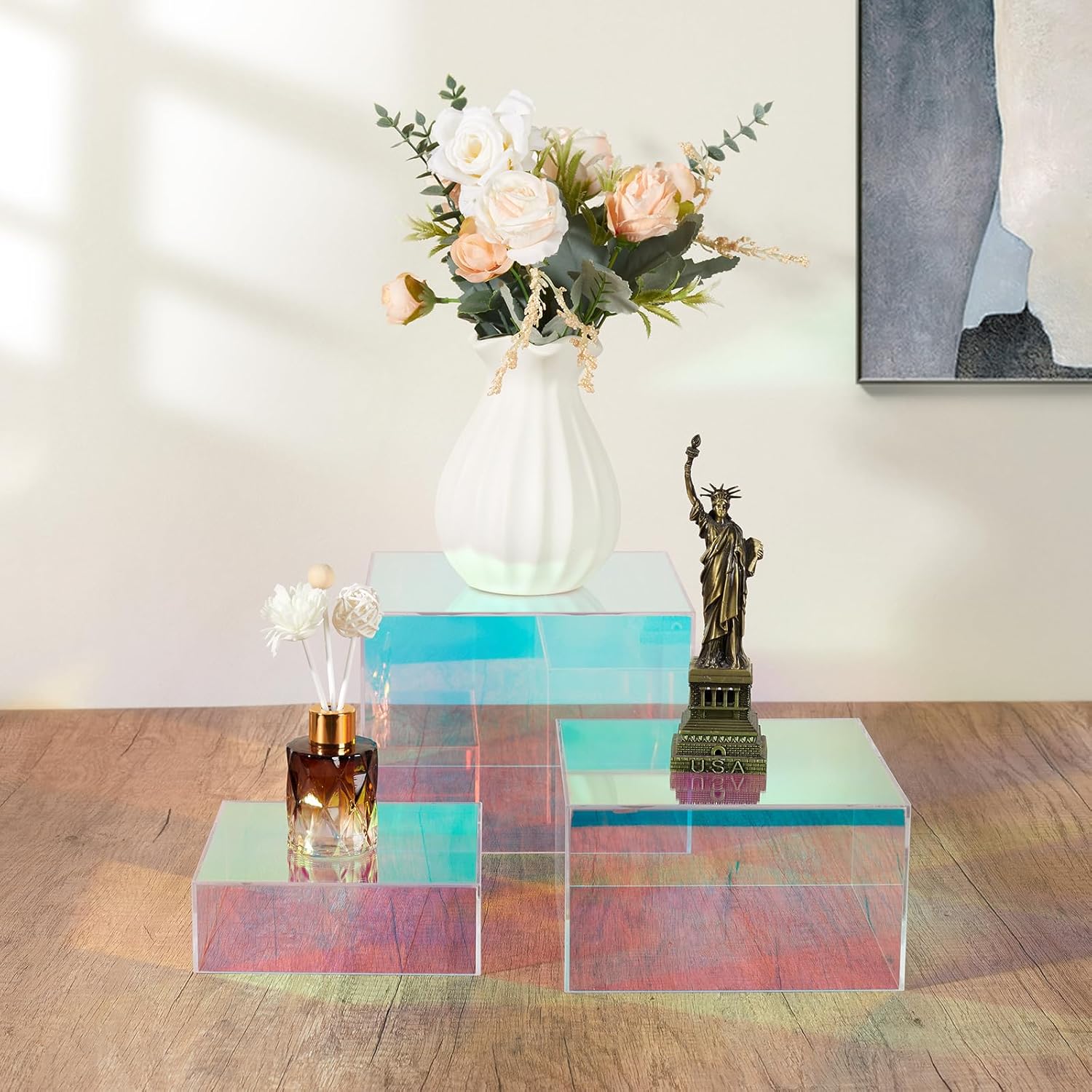 3Pcs Iridescent Display Risers, Rainbow Acrylic Risers Display Stand Acrylic Cube Box for Collectibles Jewelry Perfume Handbag Food Dessert Party Show (Iridescent-3pcs)
