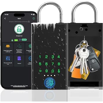 Eseesmart Fingerprint Key Safe with Number Code Bluetooth Electronic Key Safe with Bracket Weatherproof Large Capacity Wall-Mounted Key Box Keyless Go Protection for Outdoors Home Garage