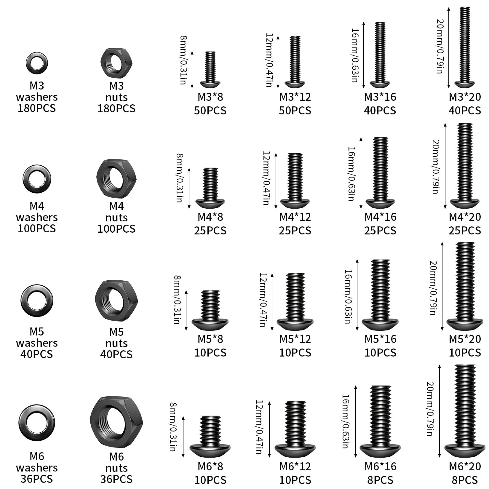 1068 PcsTornillos M3 M4 M5 M6, Tornillos de Cabeza Rounda Hexagonal, Tornillos i Tornacas i Arandelas, Tornillos Negros dla rowerów maszynowych Dom