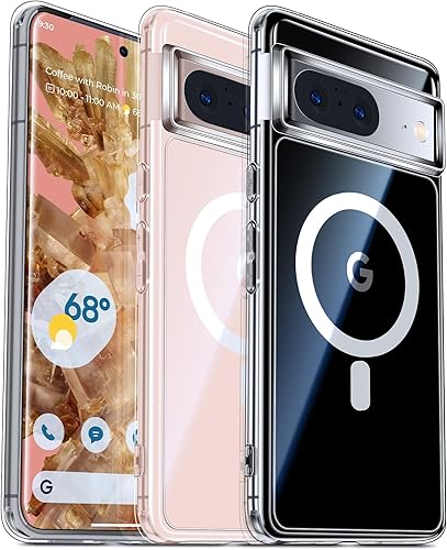 Juntone Funda magnética para Google Pixel 8 Pro transparente compatible con MagSafe no amarilla protección contra caídas de grado militar de 10 pies