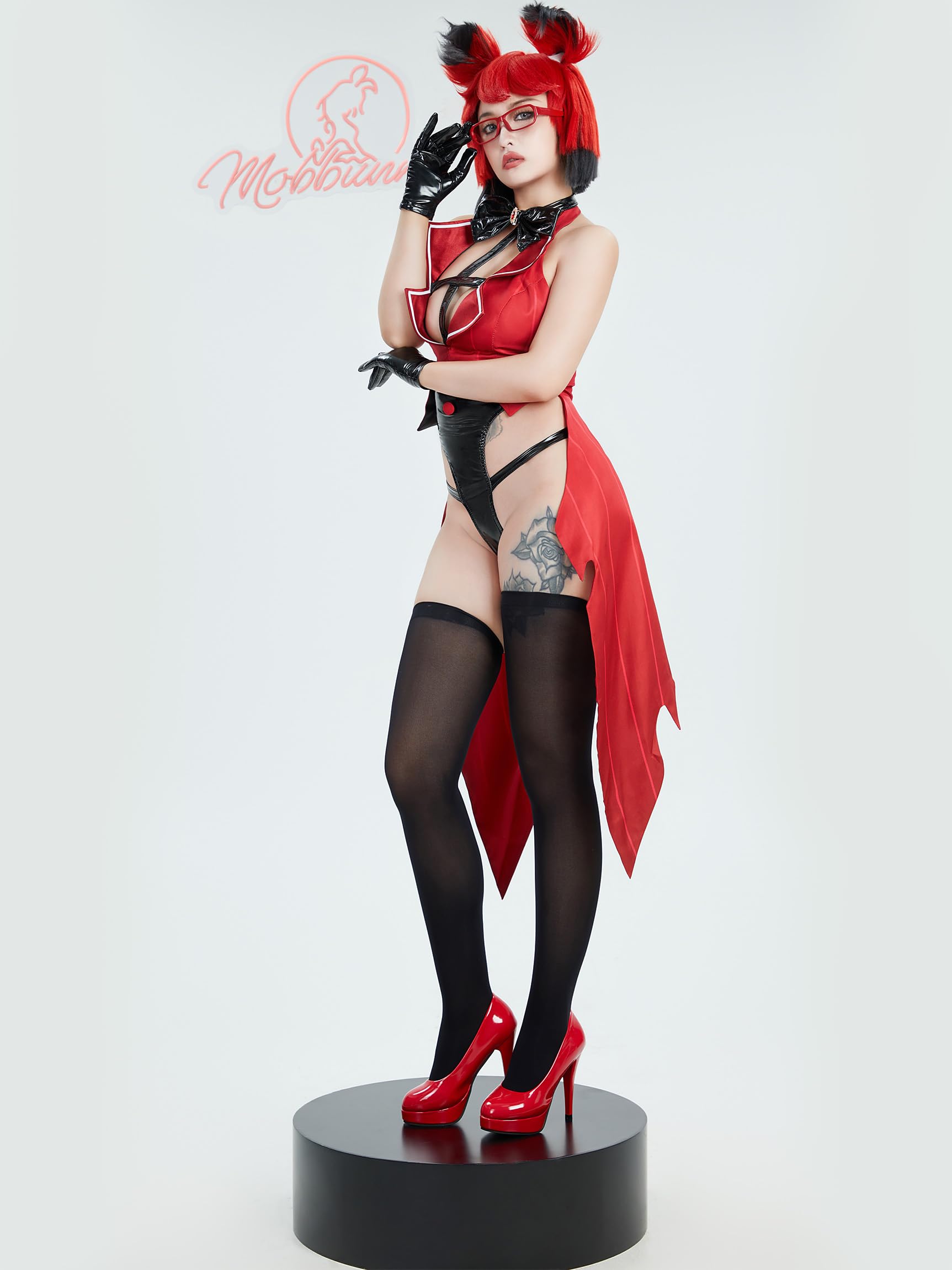 Mobbunny Women Halloween Demon Derivative Sexy Cosplay Set Black Red Hollow Bodysuit and Gloves: Medium Red