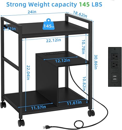 Miniatura 10 de Lerliuo Soporte de impresora con estación de carga y puertos USB, mesa de impresora móvil grande de 3 niveles con estante de almacenamiento, carrito