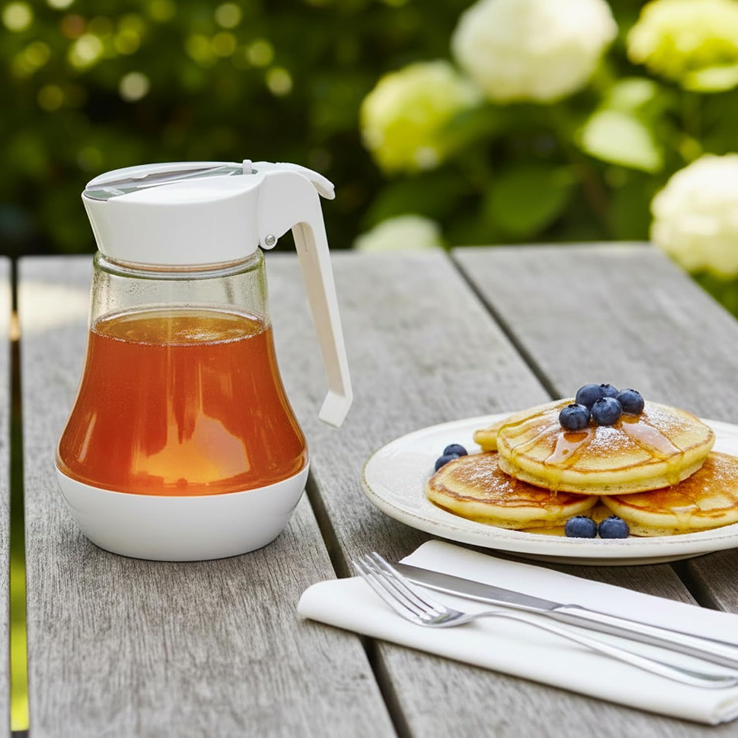 8.5 oz Plastic No-Drip Syrup Dispenser for Maple Syrup & Honey, 250ml Honey Dispenser Bottle with Stainless Steel Spout and Non-Slip Handle, Kitchen Oil Pourer for Coffee Bar (White)