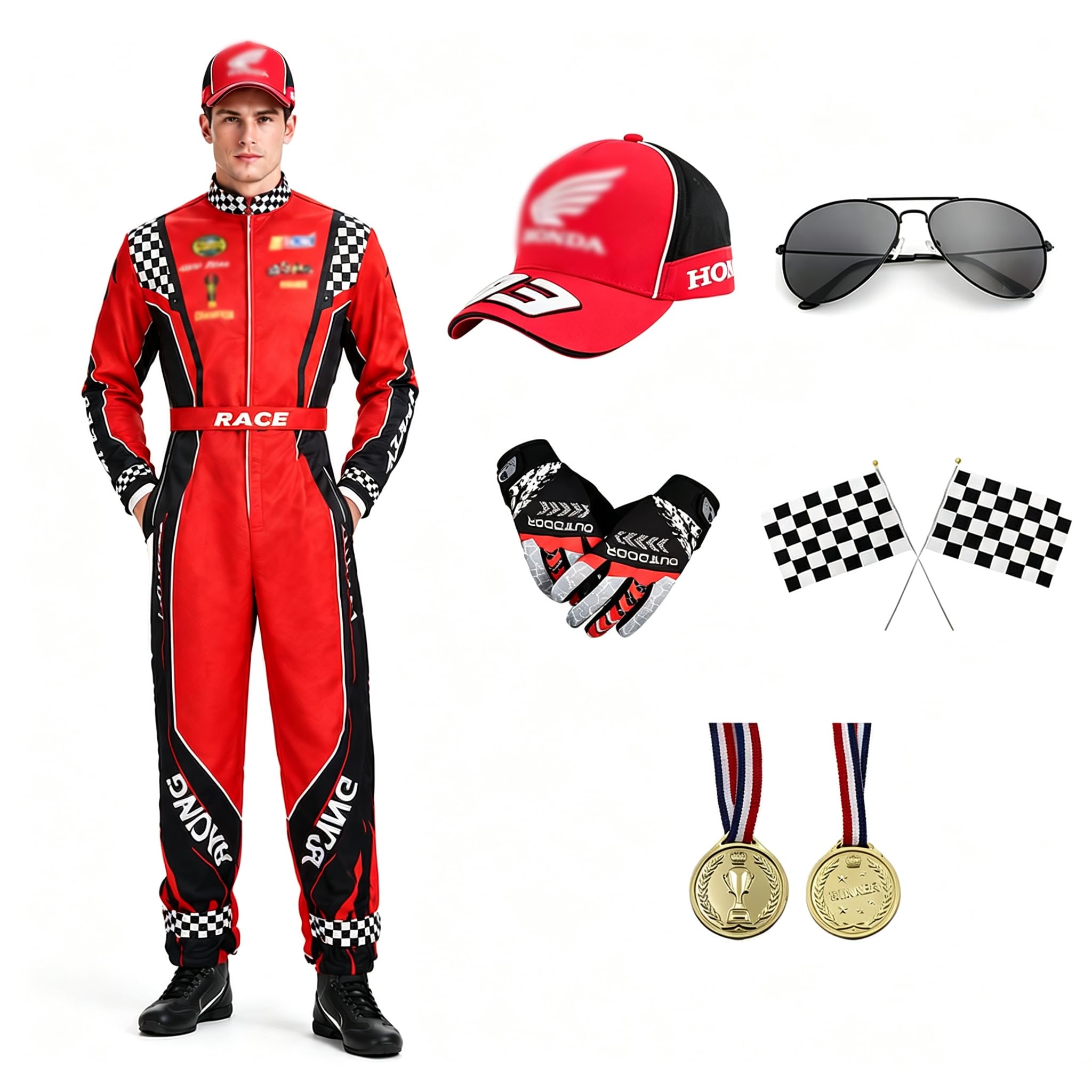 Rennfahrer Kostüm Herren Damen Kostüm Für Erwachsene Rennfahrer Overall Accessoires Mit Handschuhen Sonnenbrille Hut Mini-Goldmedaillen Fahnen Racer Cosplay Für Halloween Karneval Party