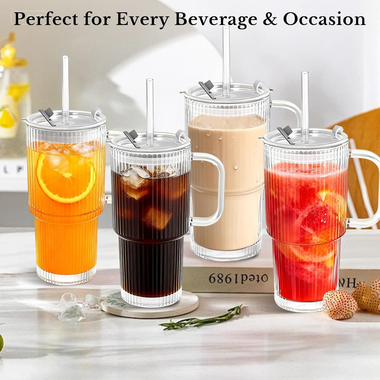 18oz Glass Tumbler with Handle, Glass Lid & Straw, 2-Piece Set, Thickened Glass Cups for Iced Coffee, Smoothies, Cocktails, Home Office Travel (Ribbed) - Image 4