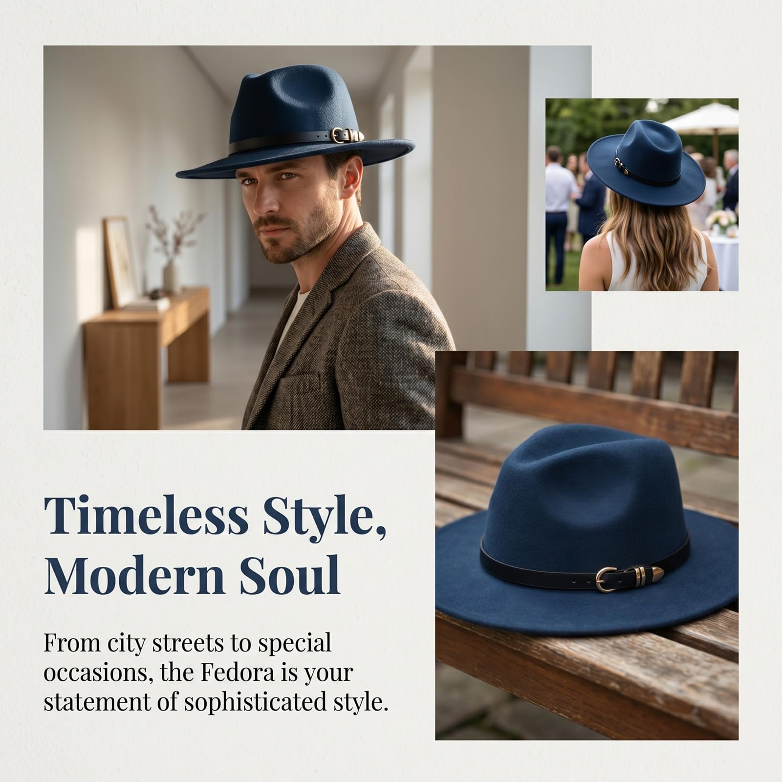 HEYANN Sombrero Fedora clásico para mujer y hombre, con ala ancha, con hebilla de cinturón, de fieltro, sombrero trilby panamá, sombrero de jazz para mujer y hombre