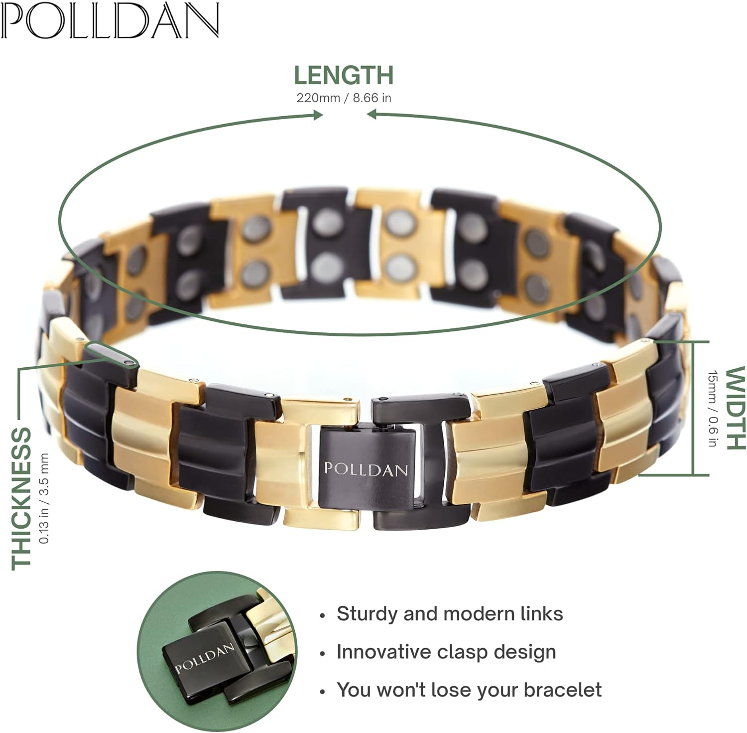 POLLDAN Titanium Magnetic Bracelets For Men and Women | 6000 Gauss Titanium Power Magnetic Bracelet | Adjustable Men's Bracelets | Bracelet for Women, Mens Jewelry | Pulseras Magneticas (Black-Gold) : Health & Household
