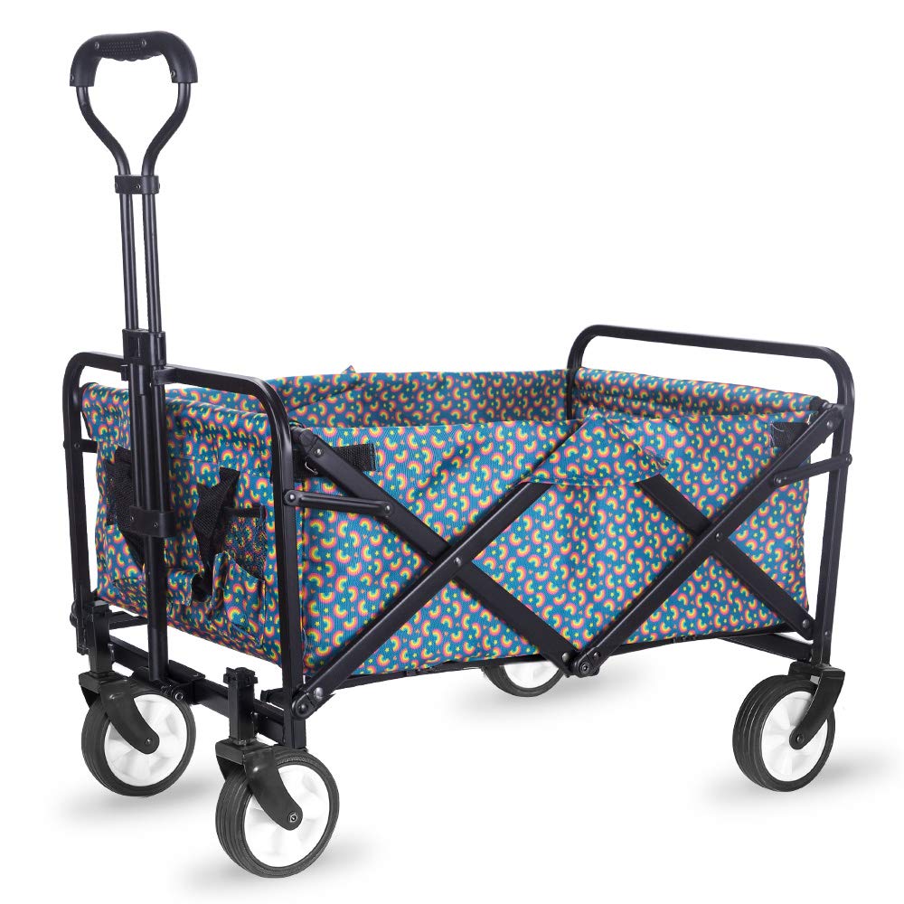 WHITSUNDAY Collapsible Folding Garden Outdoor Park Utility Wagon Picnic Camping Cart 5“ Solid Rubber Wheels (Compact Size, Rainbow)