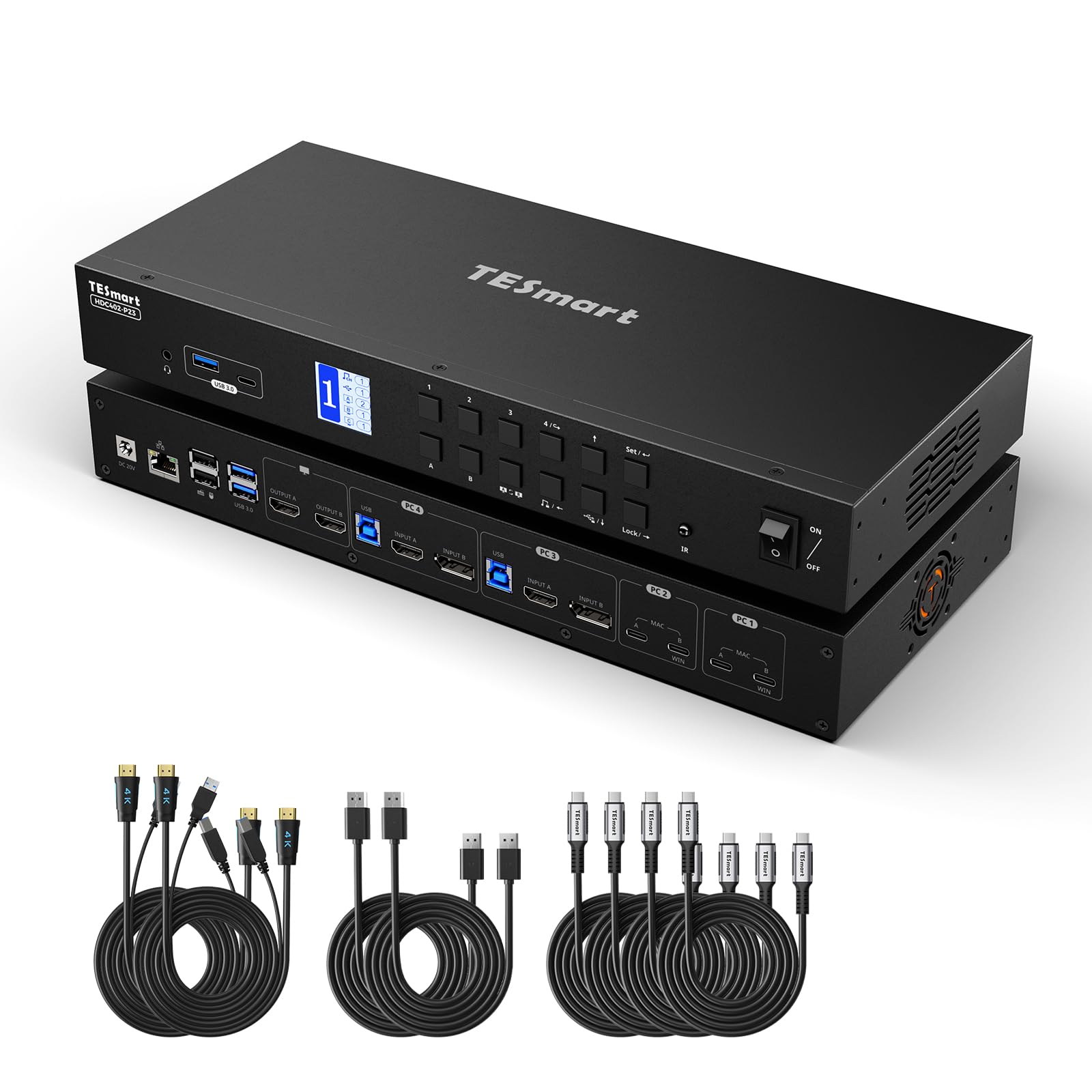 TESmart MST KVM Switch for 4 Computers 2 Monitors, 4K@60Hz, HDMI+DP+USB-C USB 3.0 Docking Station with L/R Audio Lock, EDID, Hotkey Switch, Wired Network, DP Alt Mode, Includes All Input Cables