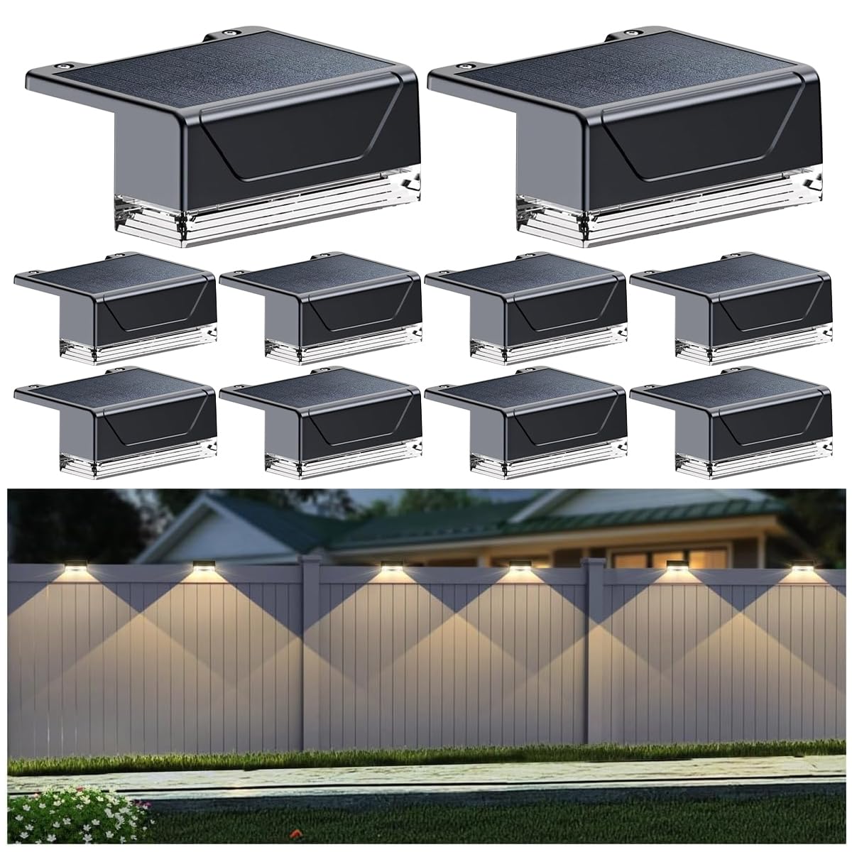 Solar Fence Lights Outdoor - 3 Color Modes(3000K/4000K/6000K), IP55 Waterproof Solar Lights, Fence Light Solar Powered for Outside, Backyard, Railing, Steps, Patio and Wall Lighting (10)