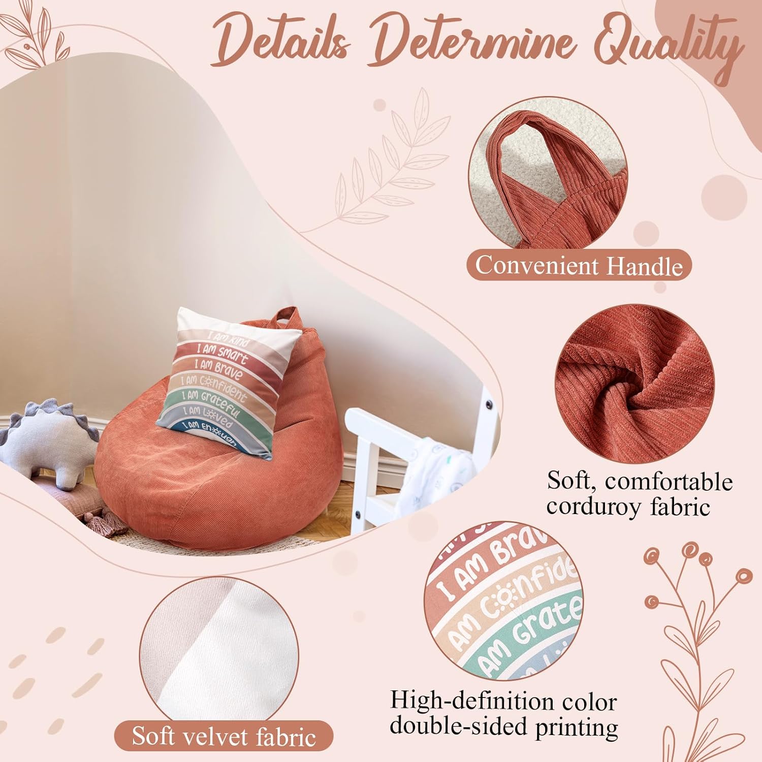 Stuffed Animal Storage Bean Bag Chair Cover (No Filler) Cozy Corner for Kids Classroom with Rainbow Throw Pillow Covers, Bean Bag Chair for Reading Nook, Classroom, Nursery(Large,Rainbow,Dusty Pink)