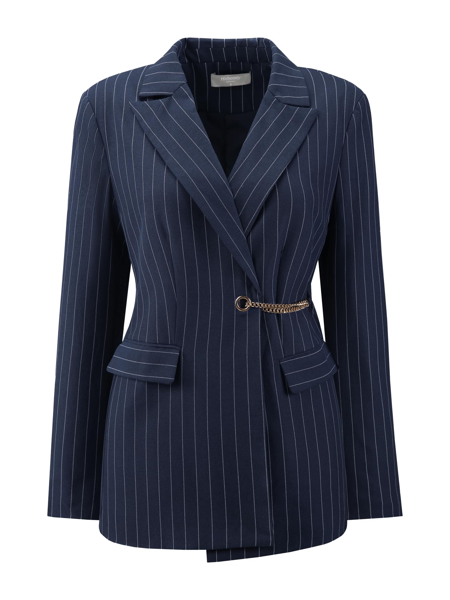 Womens Striped Blazers Lapel Collar Chain Decor Long Sleeve Work Office Jackets