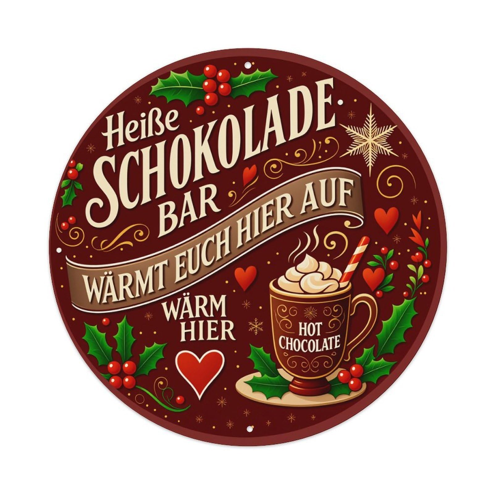 Hot Chocolate Cup With Hearts And Holly Round Tin Sign Vintage Metal Poster Retro Bar, Home, Man Cave, Kitchen, Laundry Room Wall Art Decor Gift 8x8Inch