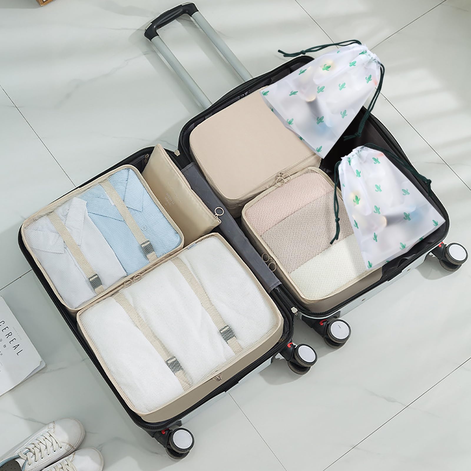 Organizador Maleta Viaje, 13 piezas Impermeable Bolsas Organizadoras Maleta, Multifunción Packing Cubes Bolsas Ropa Viaje, Organizador de Viaje con Bolsa Zapatos(Beige)