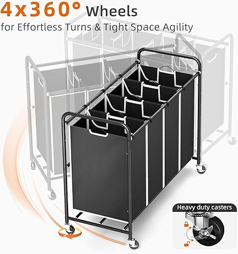 Vista 5 de ROMOON Laundry Hamper Sorter Cart: 4-Section Organizer with Heavy-Duty Lockable Wheels and Removable Bags 172L Rolling Laundry Basket for Dirty